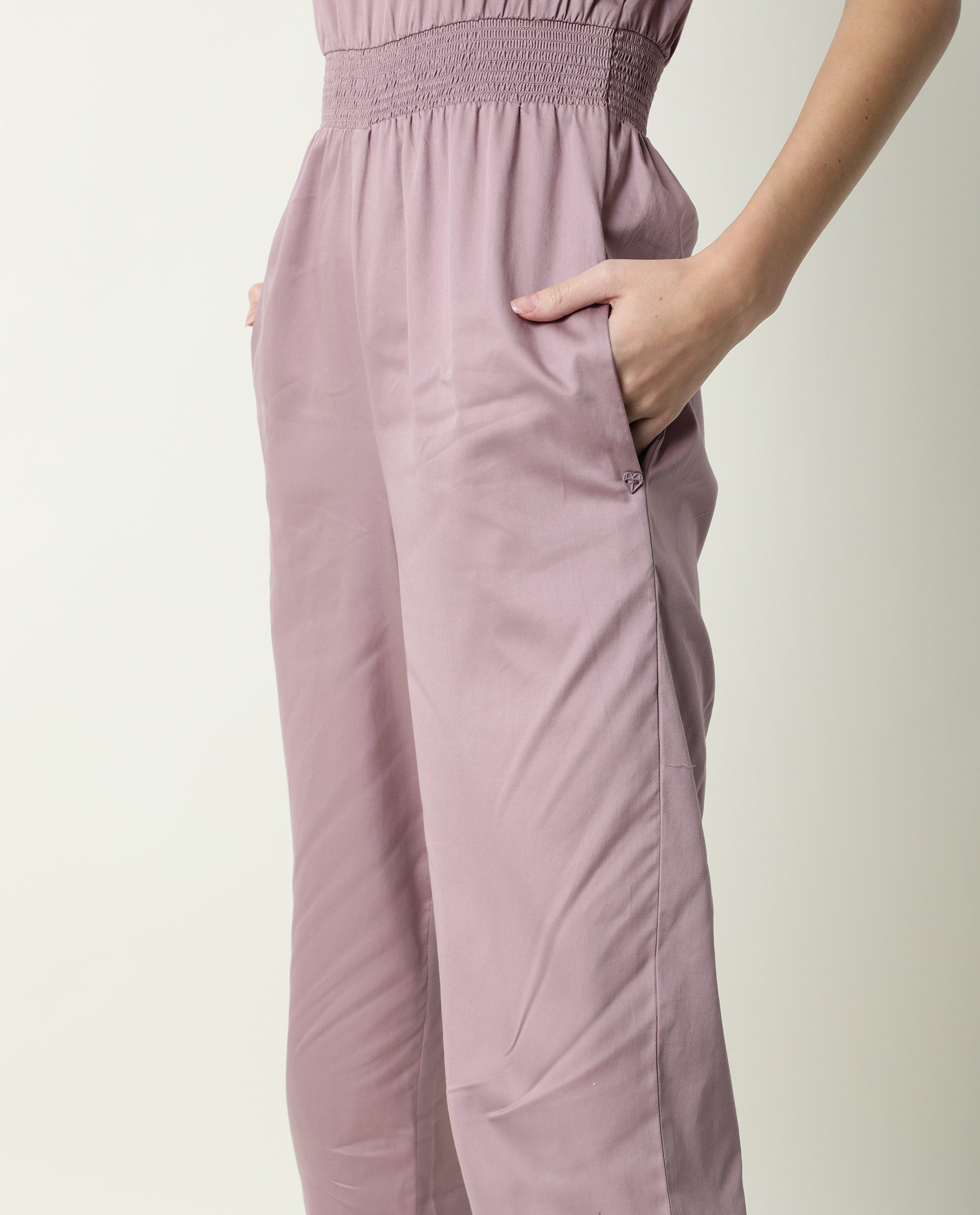 Rareism Women's Husky Pink Cotton Blend V-Neck Plain Ankle Length Regular Fit Jumpsuit