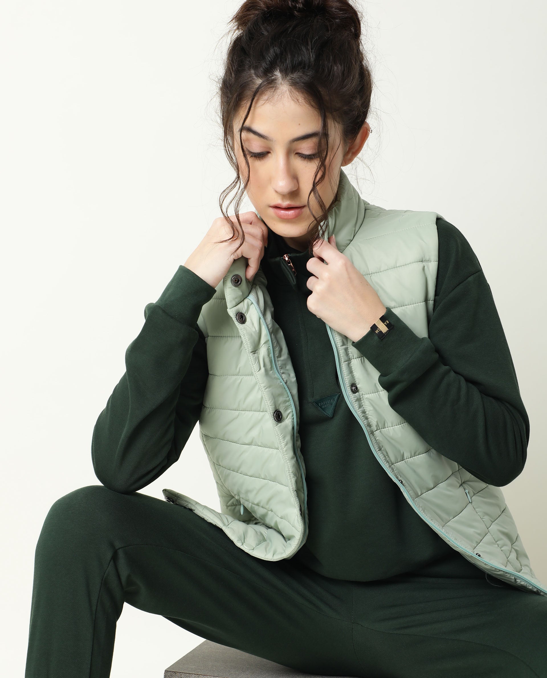 Rareism Women Taffy-1 Green Relaxed Fit Full Sleeves Solid High Neck Sweatshirt