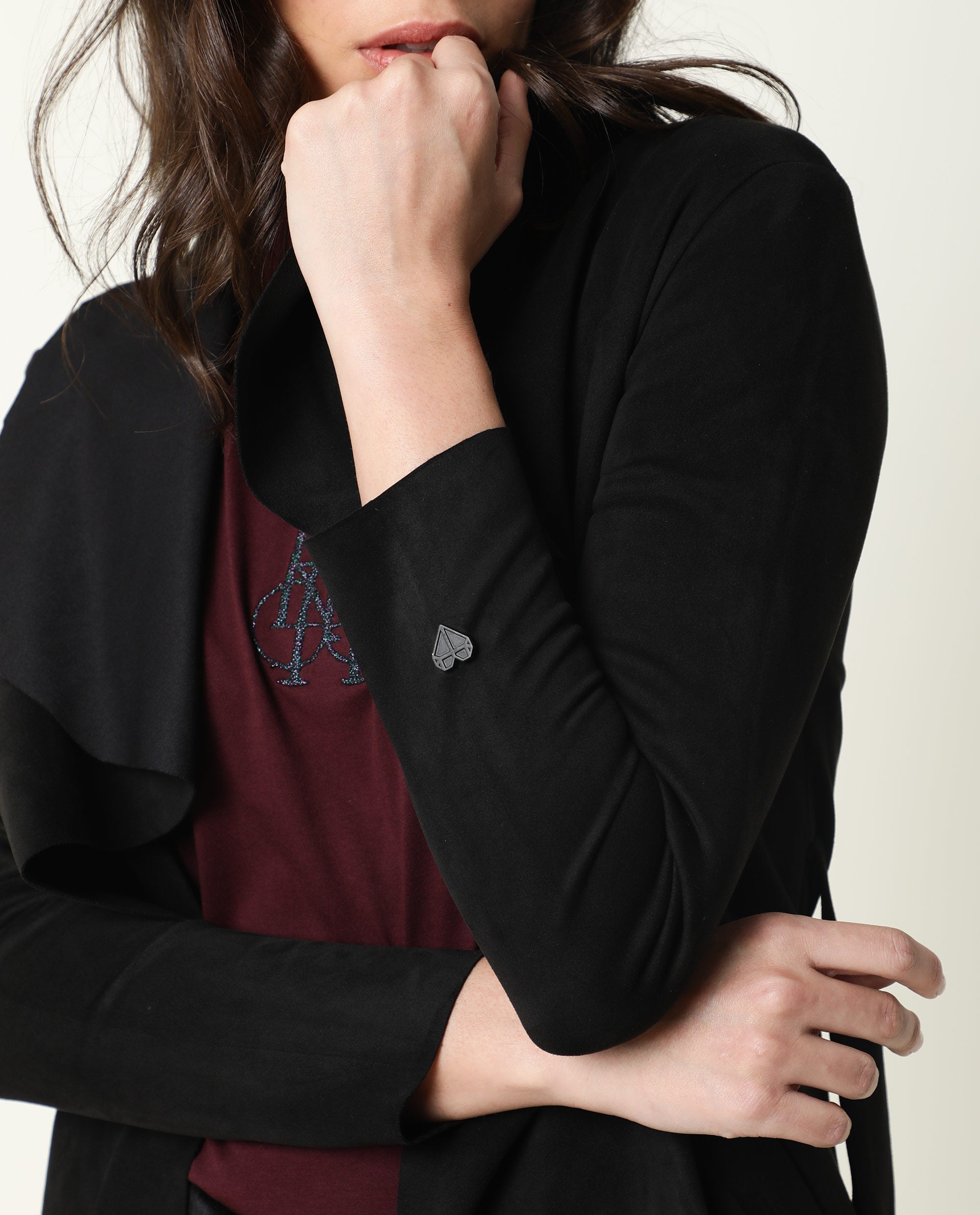 Rareism Women Palmer Black Polyester Fabric Full Sleeves Solid Collarless Jacket