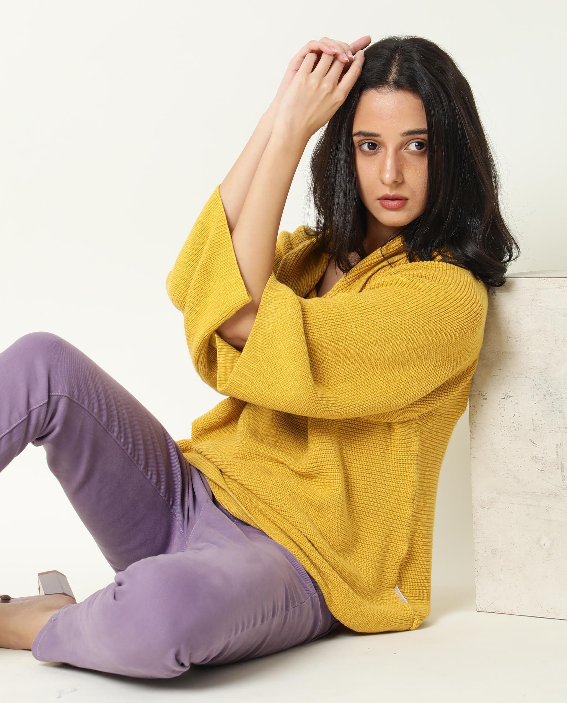 Rareism Women Cleo Mustard 3/4Th Sleeves Relaxed Fit Solid Cowl Neck Sweater