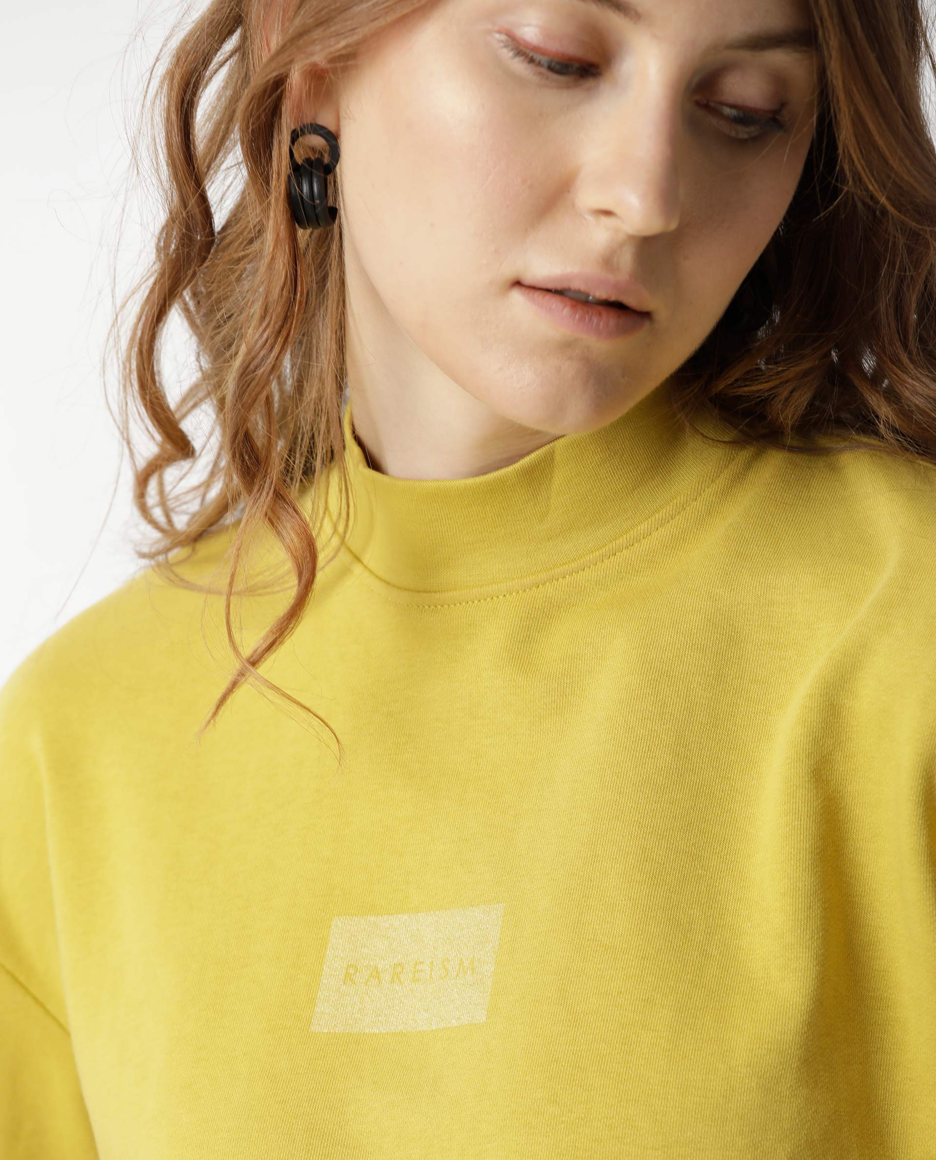 Rareism Women's Hectare Yellow Cotton Blend High Neck Plain Relaxed Fit Sweatshirt