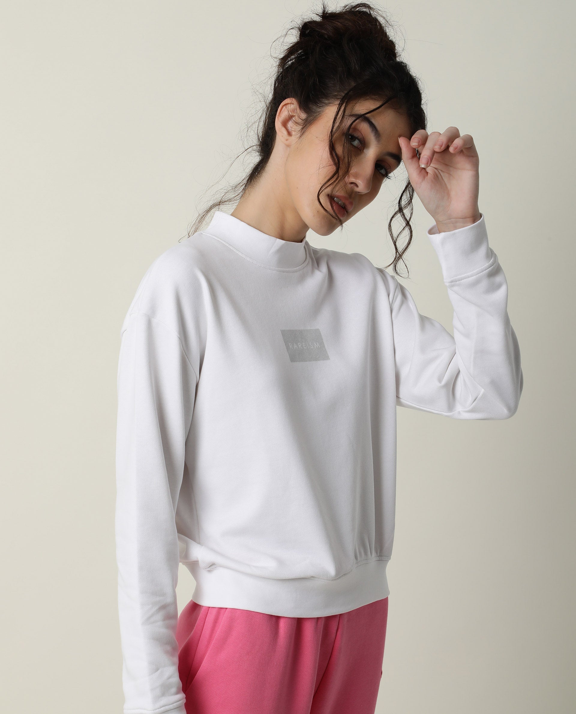 Rareism Women's Hectare White Cotton Blend High Neck Plain Relaxed Fit Sweatshirt