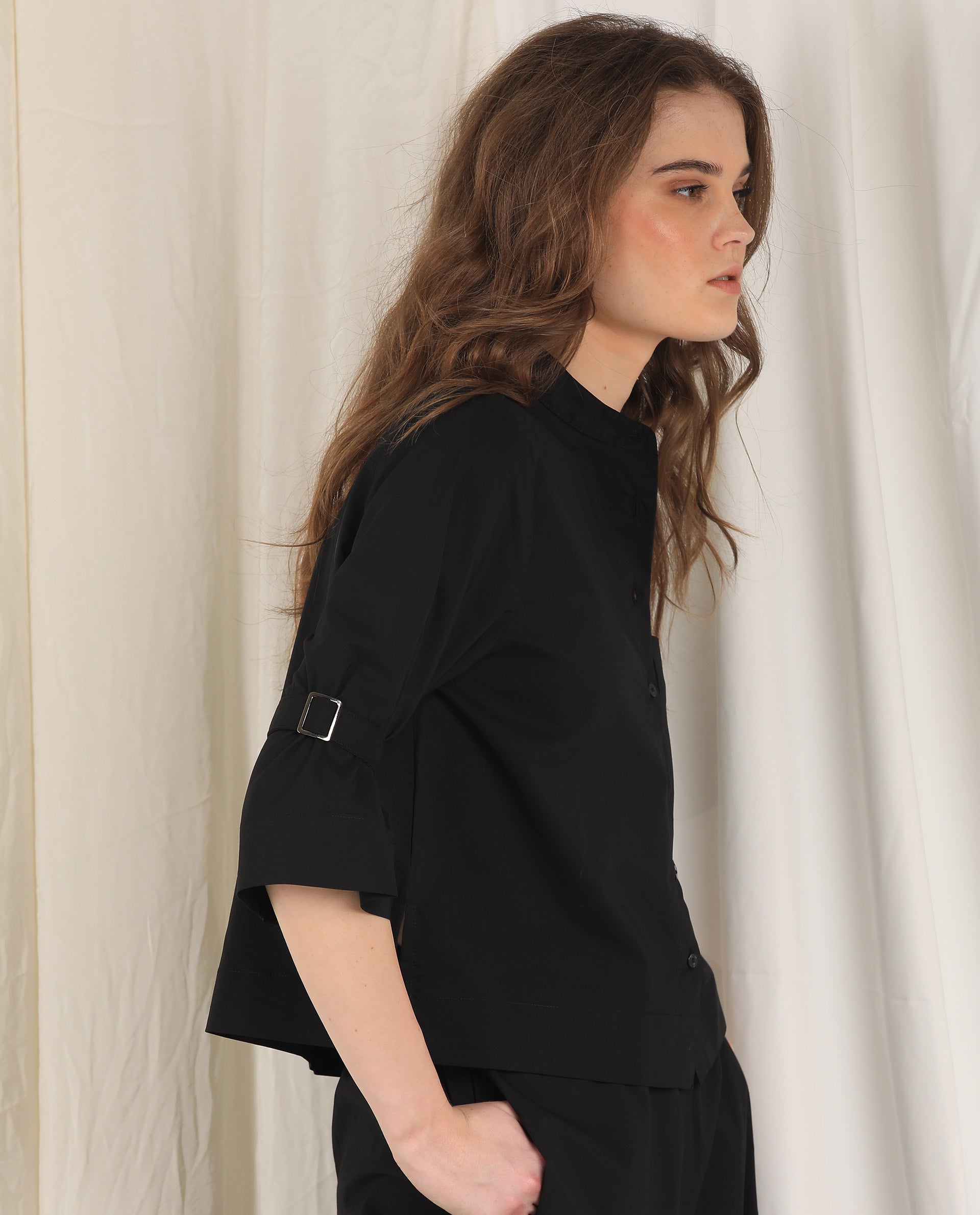 Rareism Women's Sendai Black Mandarin Collar Plain Knee Length Regular Fit Top