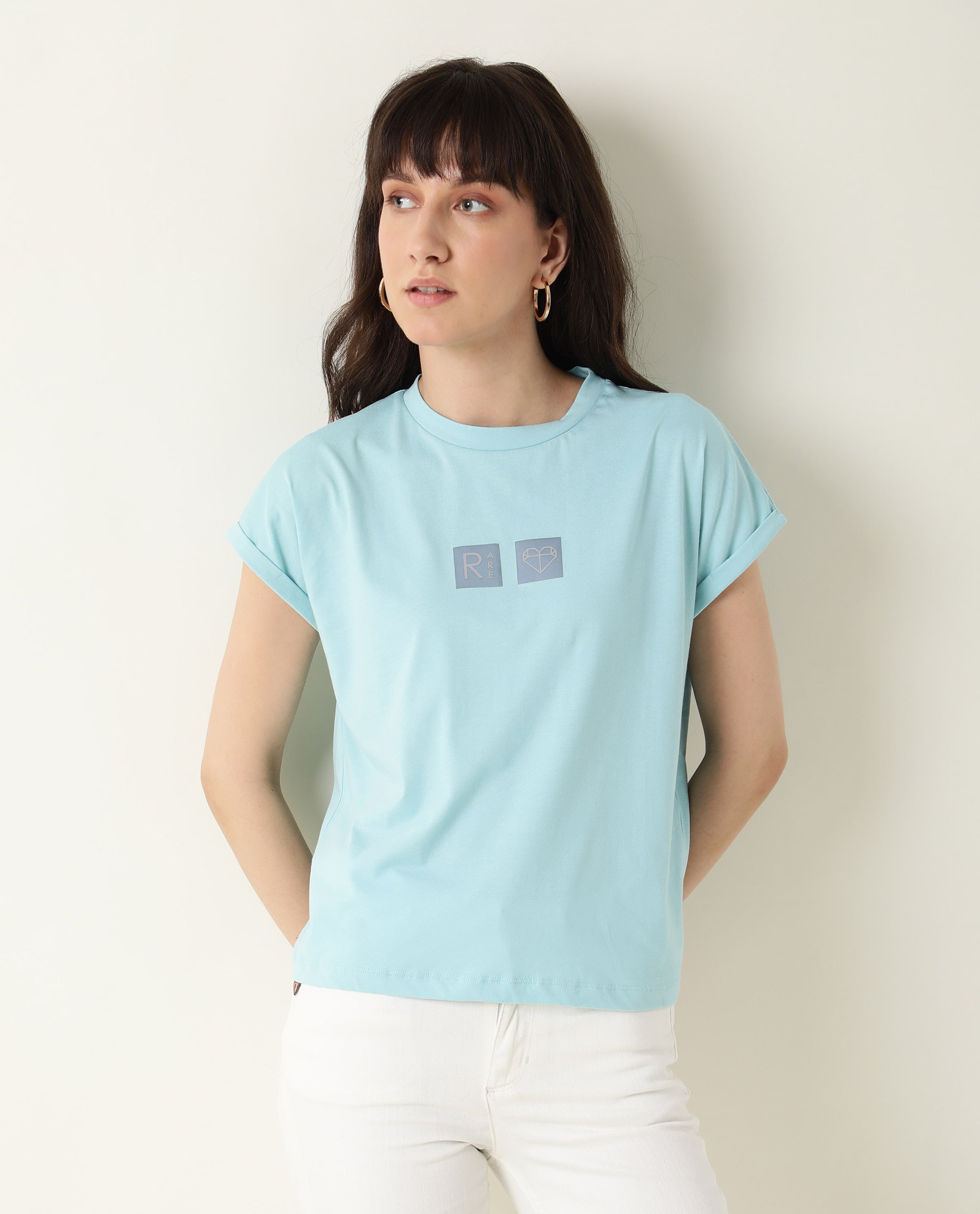 Rareism Women Cardi Light Blue Cotton Fabric Regular Fit Half Sleeves Graphic Print Crew Neck T-Shirt