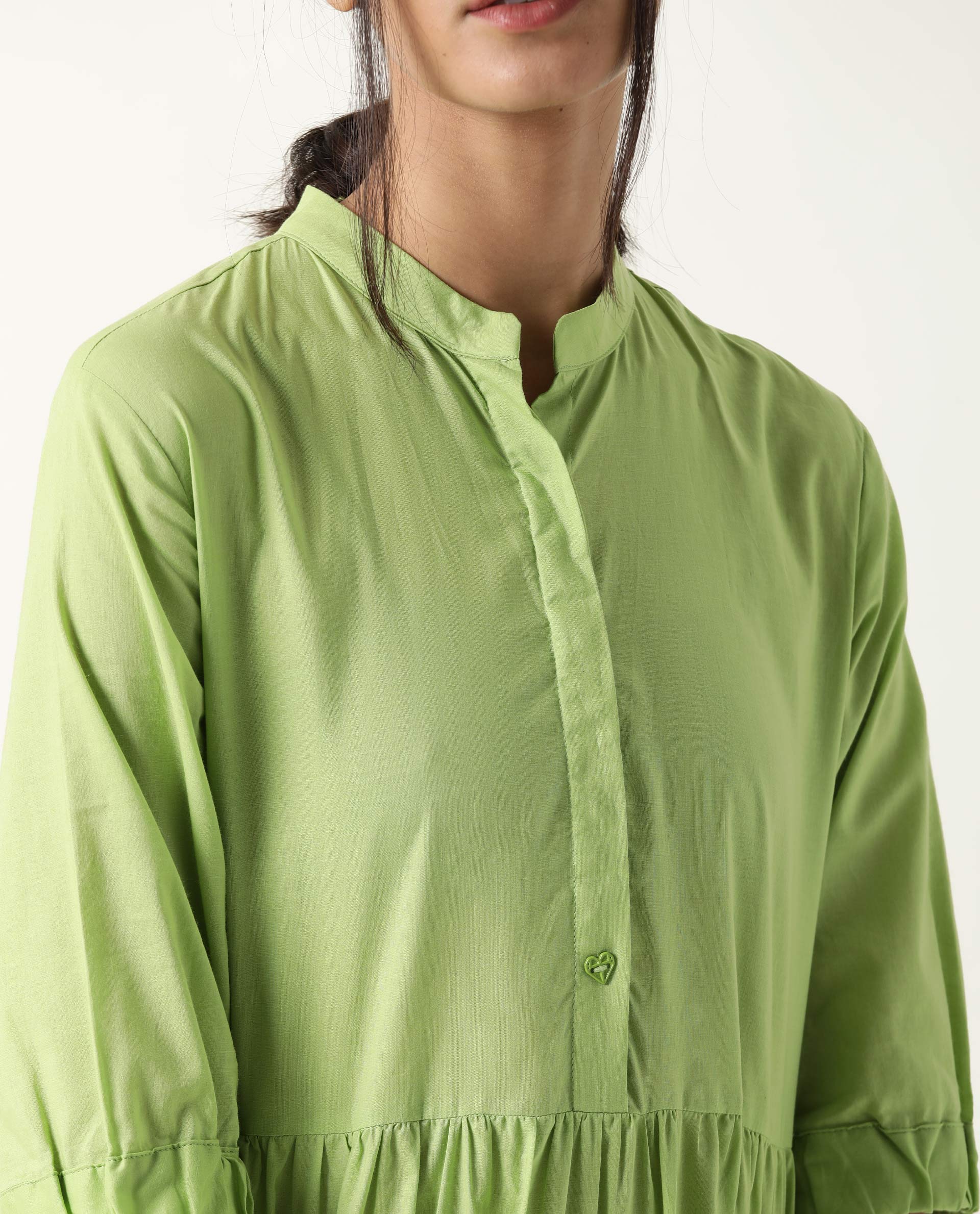 Rareism Womens Intro Green Dress Cotton Fabric Regular Fit Puff Sleeves Mandarin Neck