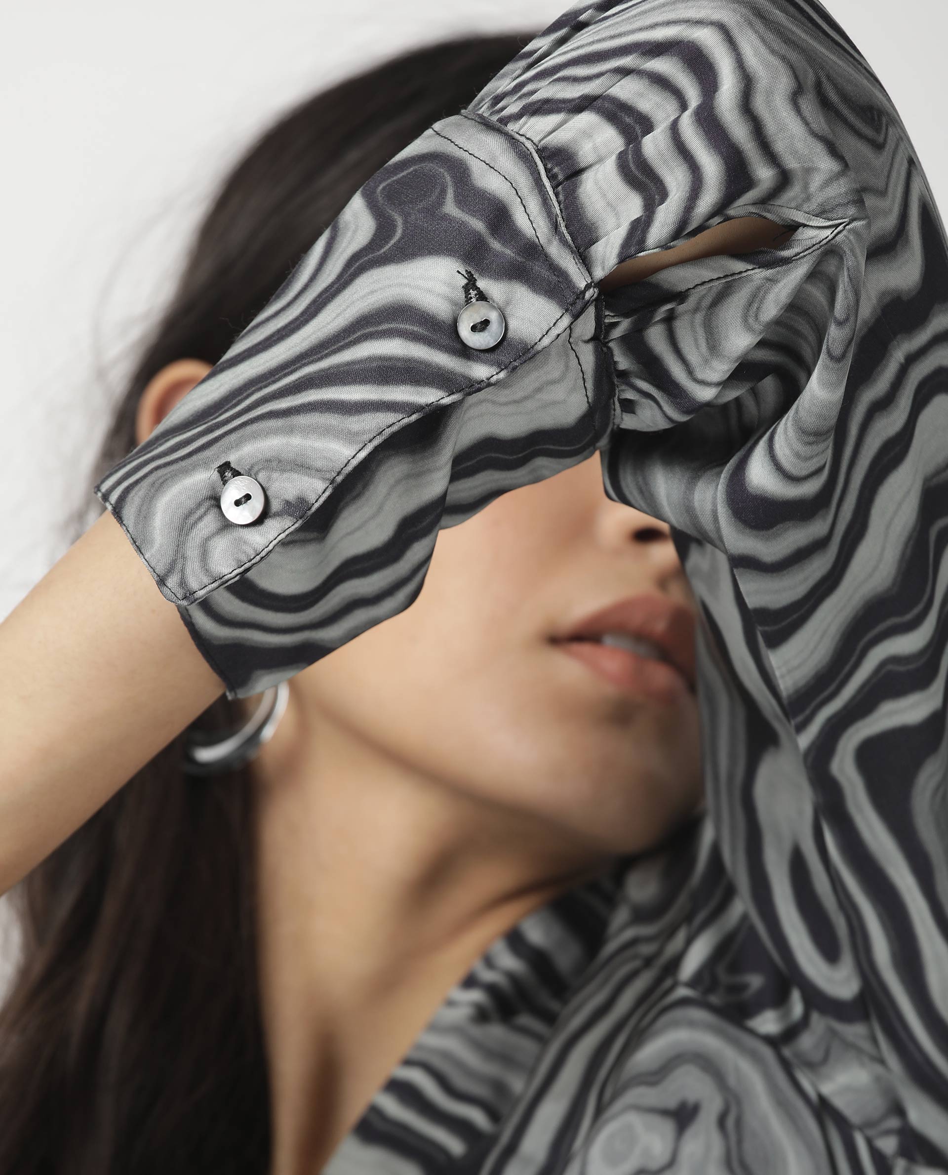 Rareism Womens Camp Black Top Modal Satin Fabric Regular Fit Cuffed Sleeve Mandarin Neck