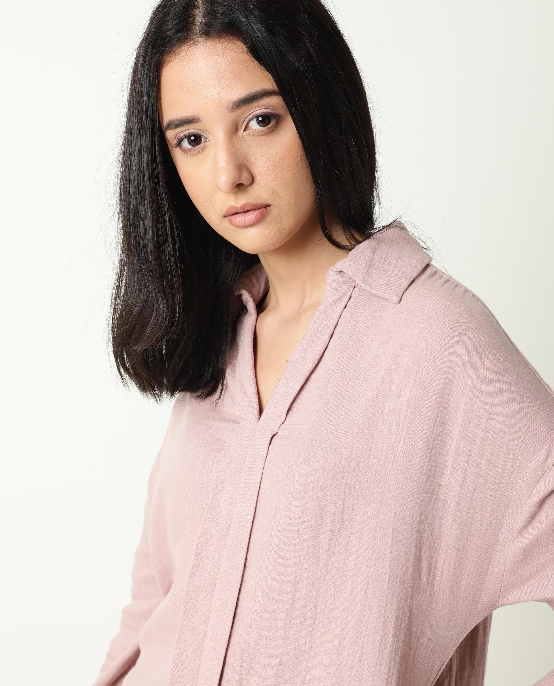 Rareism Womens Hemming Pink Top Cotton Fabric Regular Fit Cuffed Sleeve Collared Neck