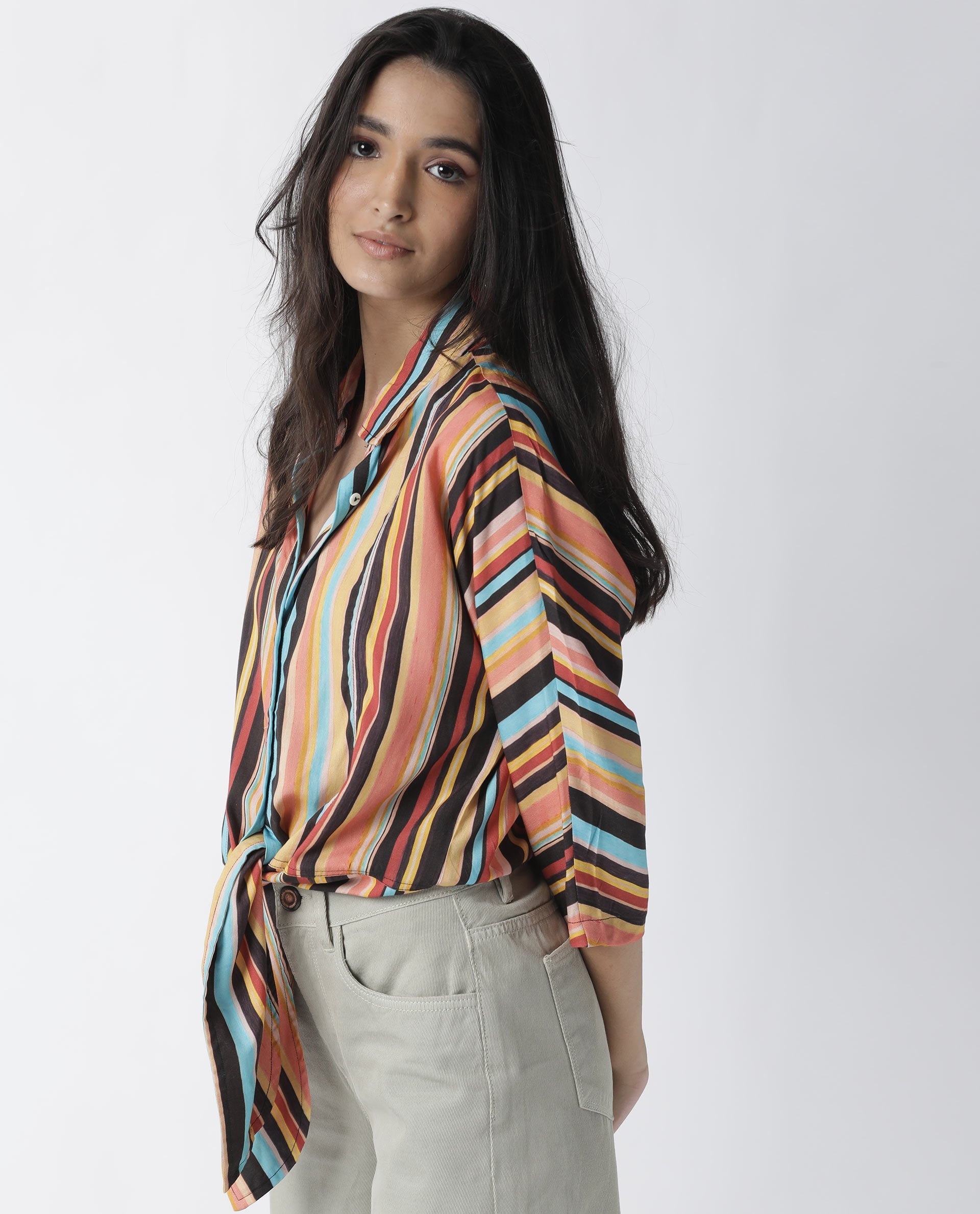 Rareism Womens Drumroll Multi Top Viscose Fabric Regular Fit 3/4 Sleeve Collared Neck