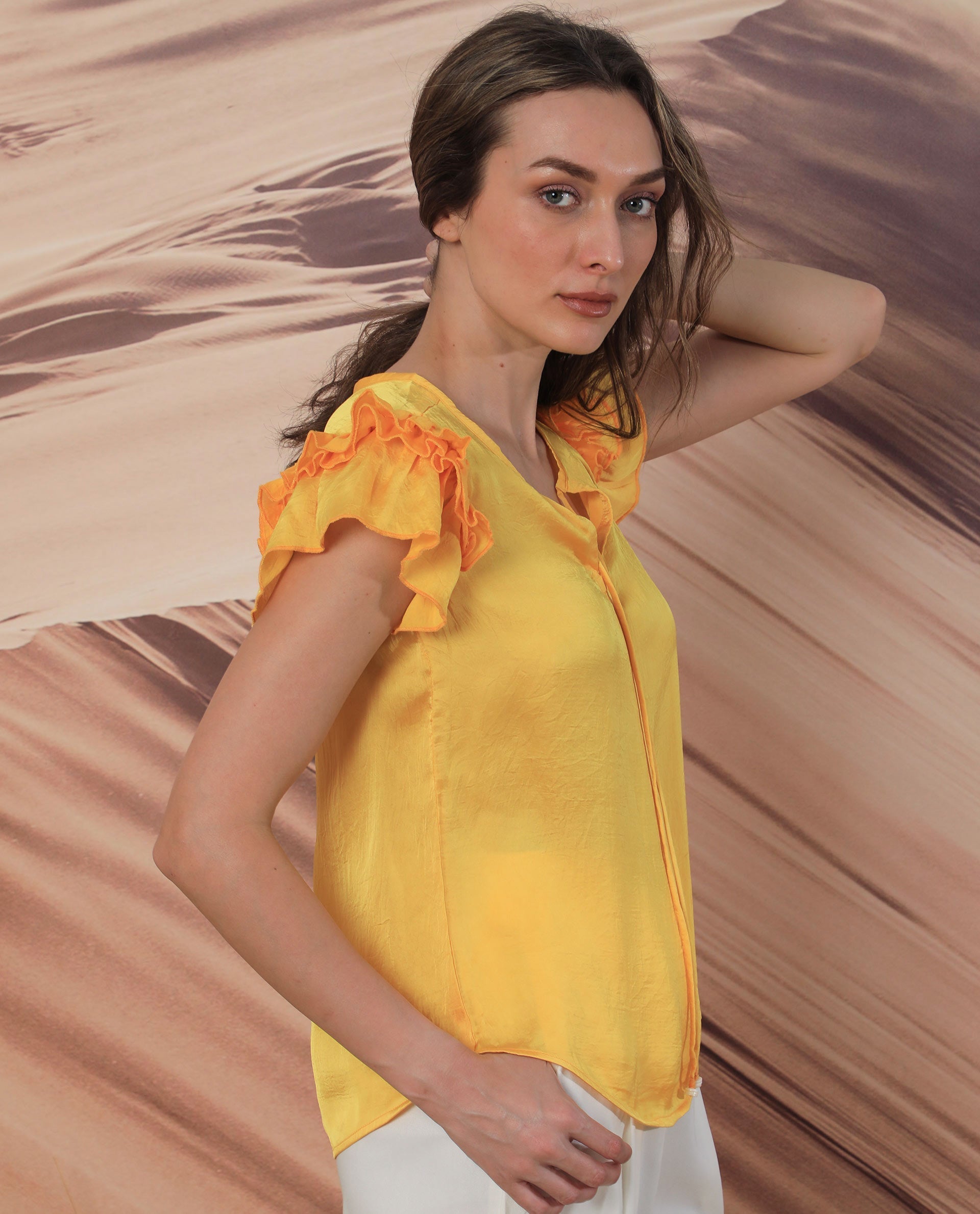 Rareism Women Skye Yellow Top Polyester Fabric Sleeveless Solid Print