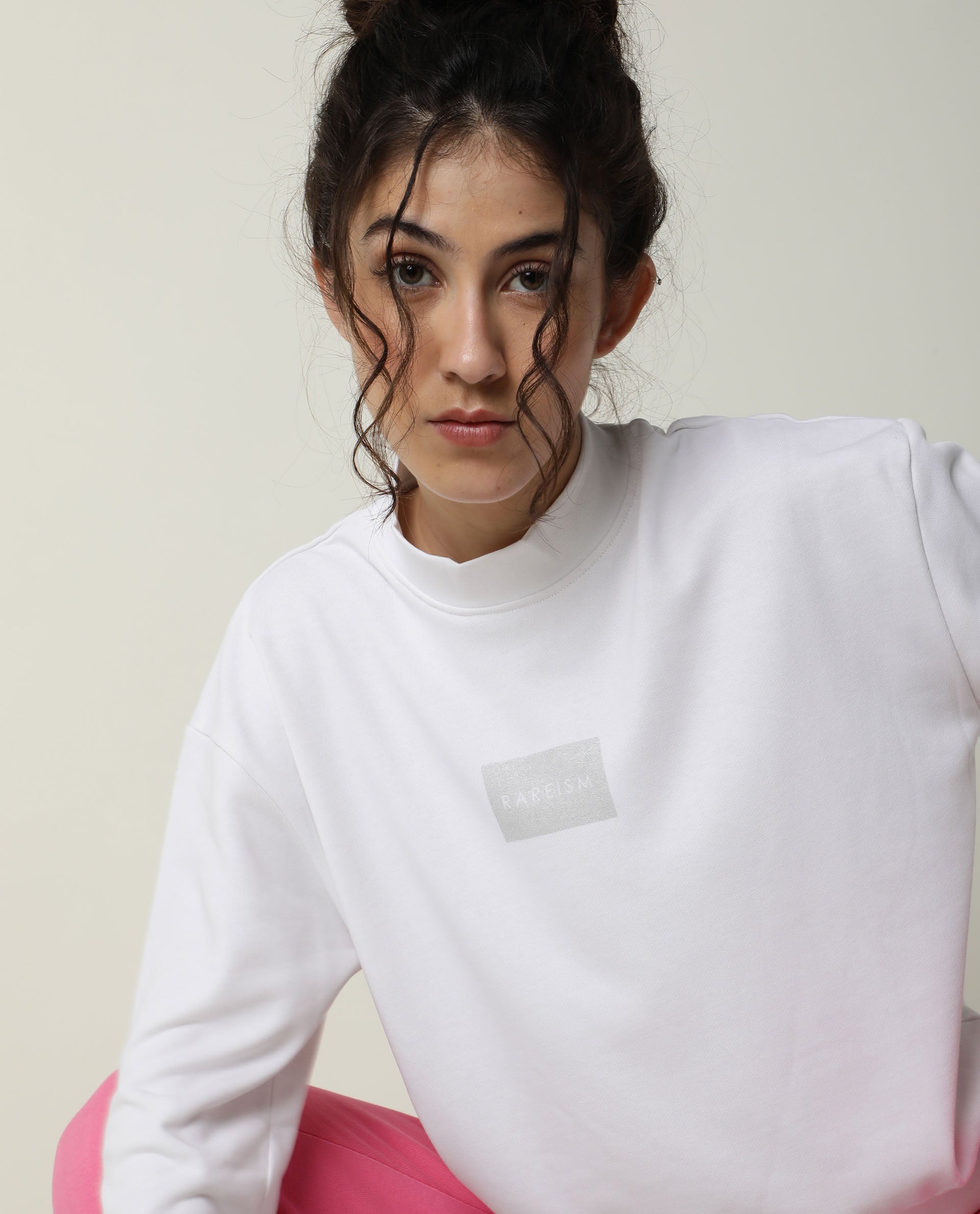 Rareism Women's Hectare White Cotton Blend High Neck Plain Relaxed Fit Sweatshirt
