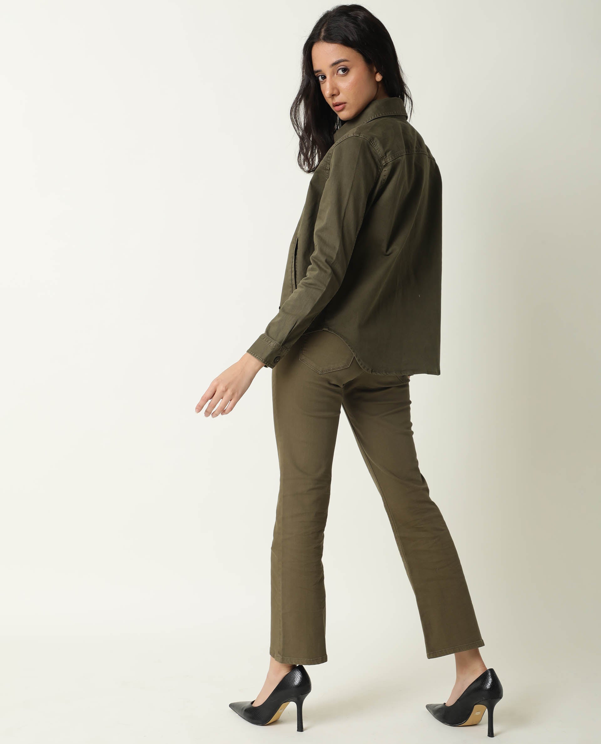Rareism Women Mission Green Cotton Lycra Fabric Full Sleeves Solid Shirt Collar Jacket