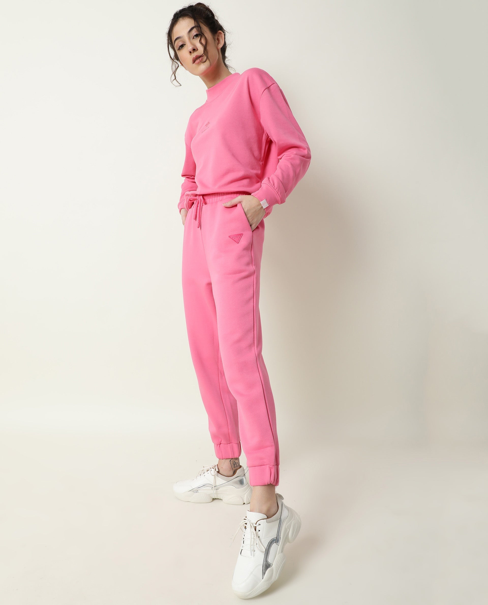 Rareism Women Neo-1 Pink Poly Cotton Fabric Tailored Fit Solid Mid Rise Ankle Length Track Pant