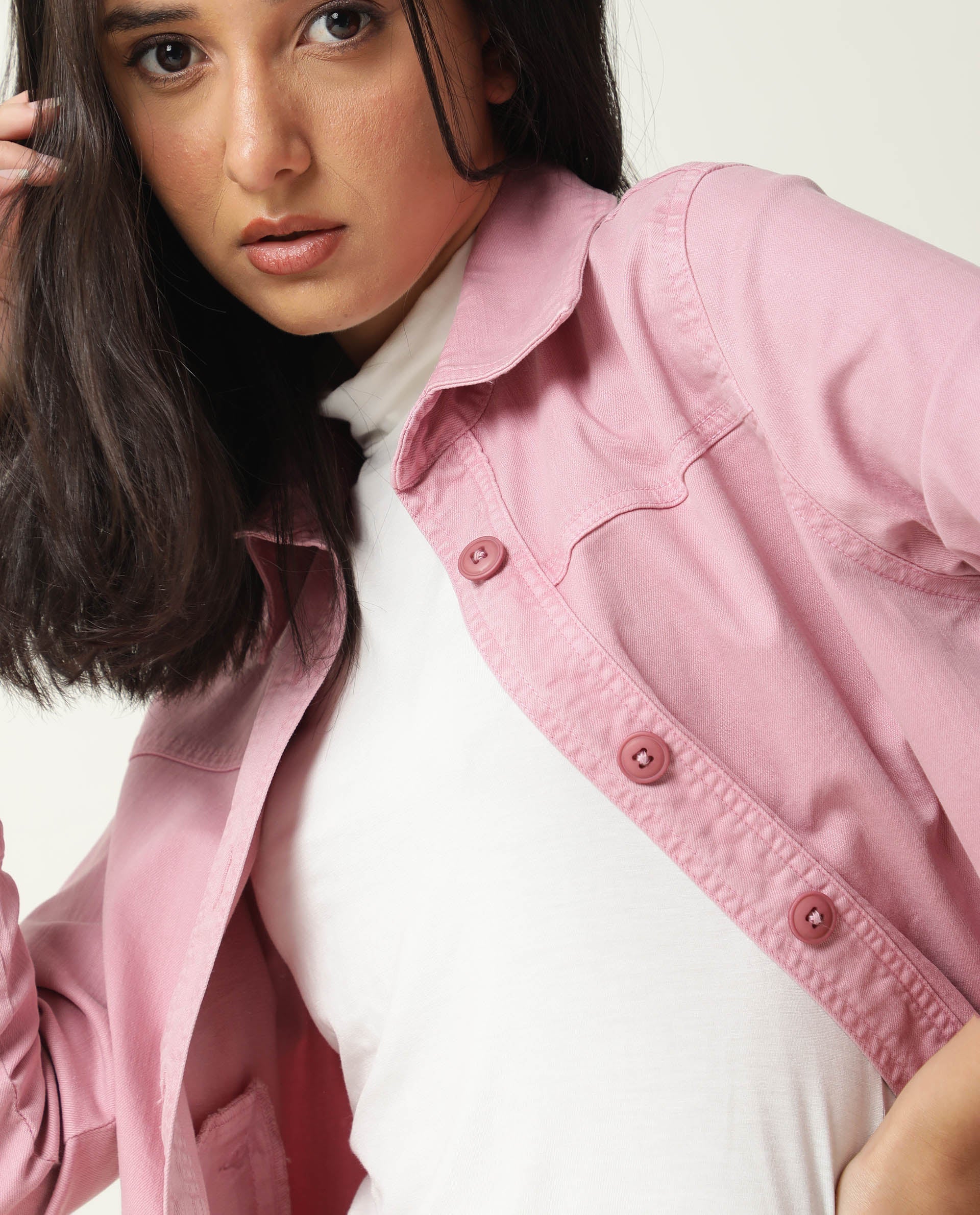 Rareism Women Mission Pink Cotton Lycra Fabric Full Sleeves Solid Shirt Collar Jacket