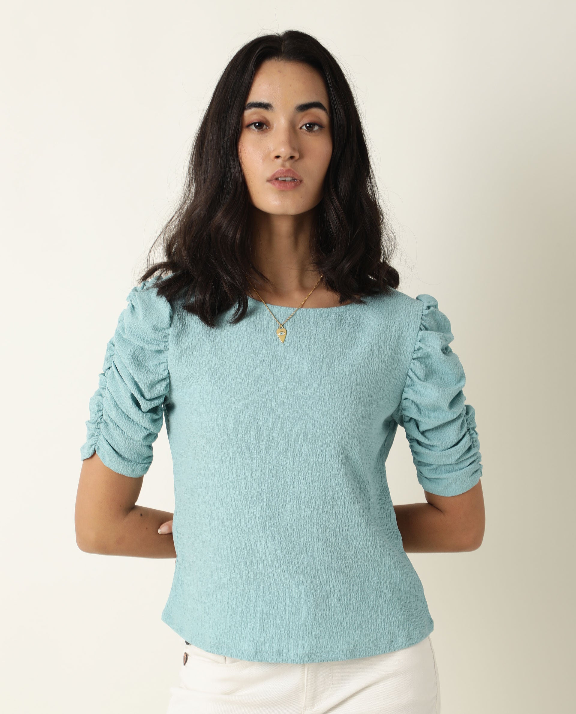 Rareism Women's Frozen Green Cotton Boat Neck Plain Ruffled Sleeve Regular Fit Top