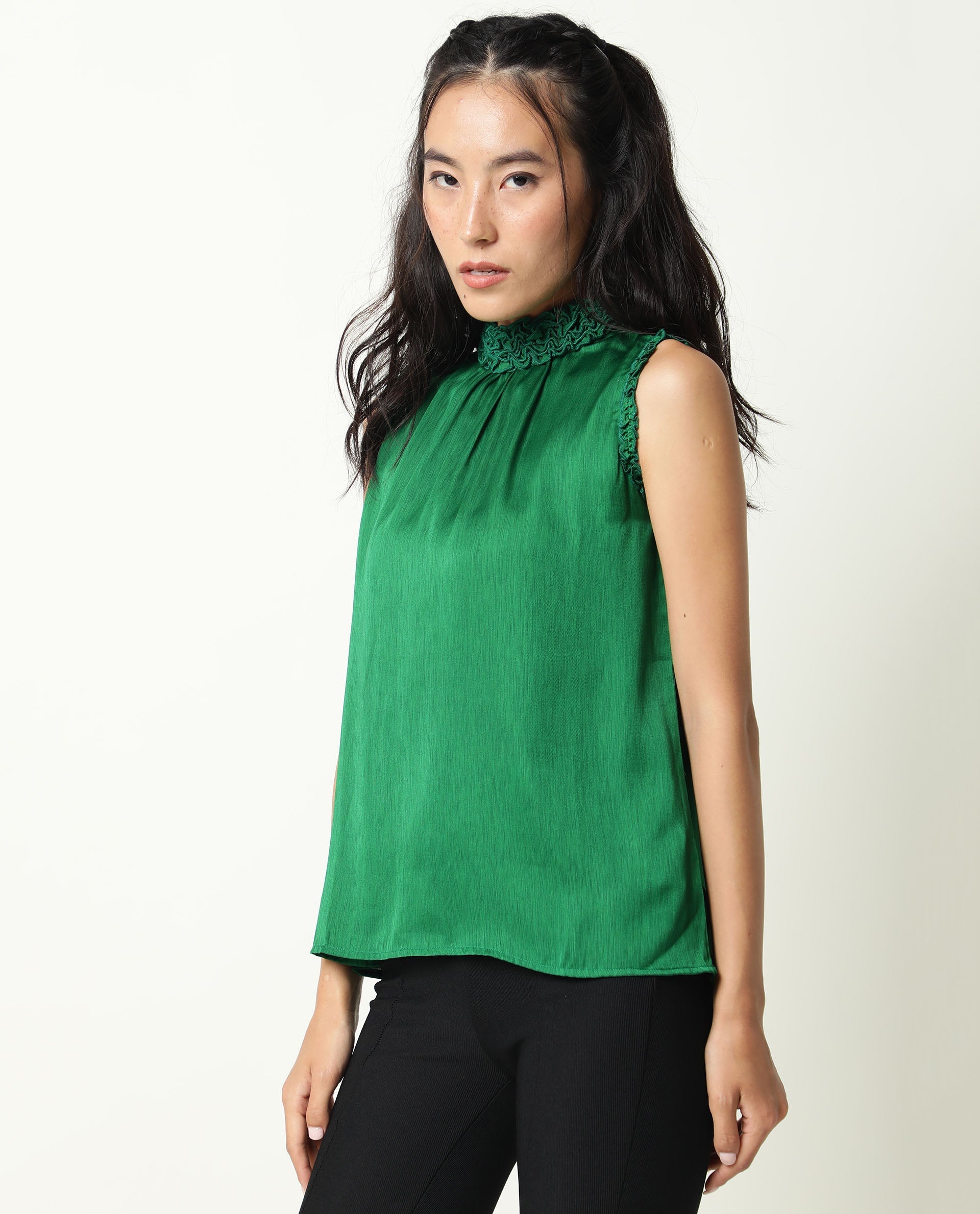 Rareism Womens Baileys Green Top Polyester Fabric Sleeveless Ruffled Neck