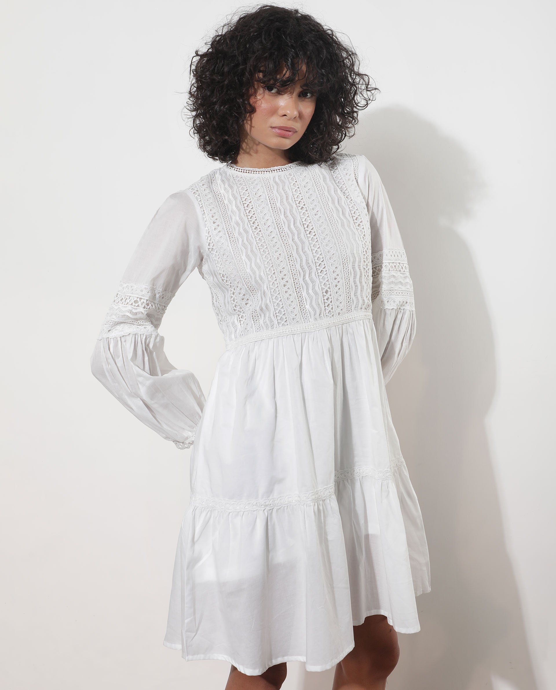 Rareism Women's Darmini White Cotton Crew Neck Plain Puff Sleeves Knee Length Relaxed Fit Dress