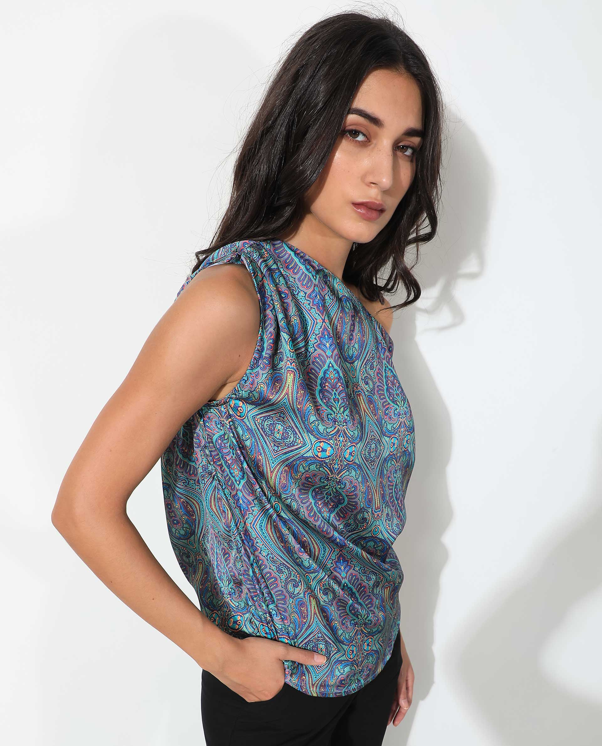Rareism Women Sydney Blue Polyester Fabric Regular Fit Tube Neck Off Shoulder Abstract Print Top