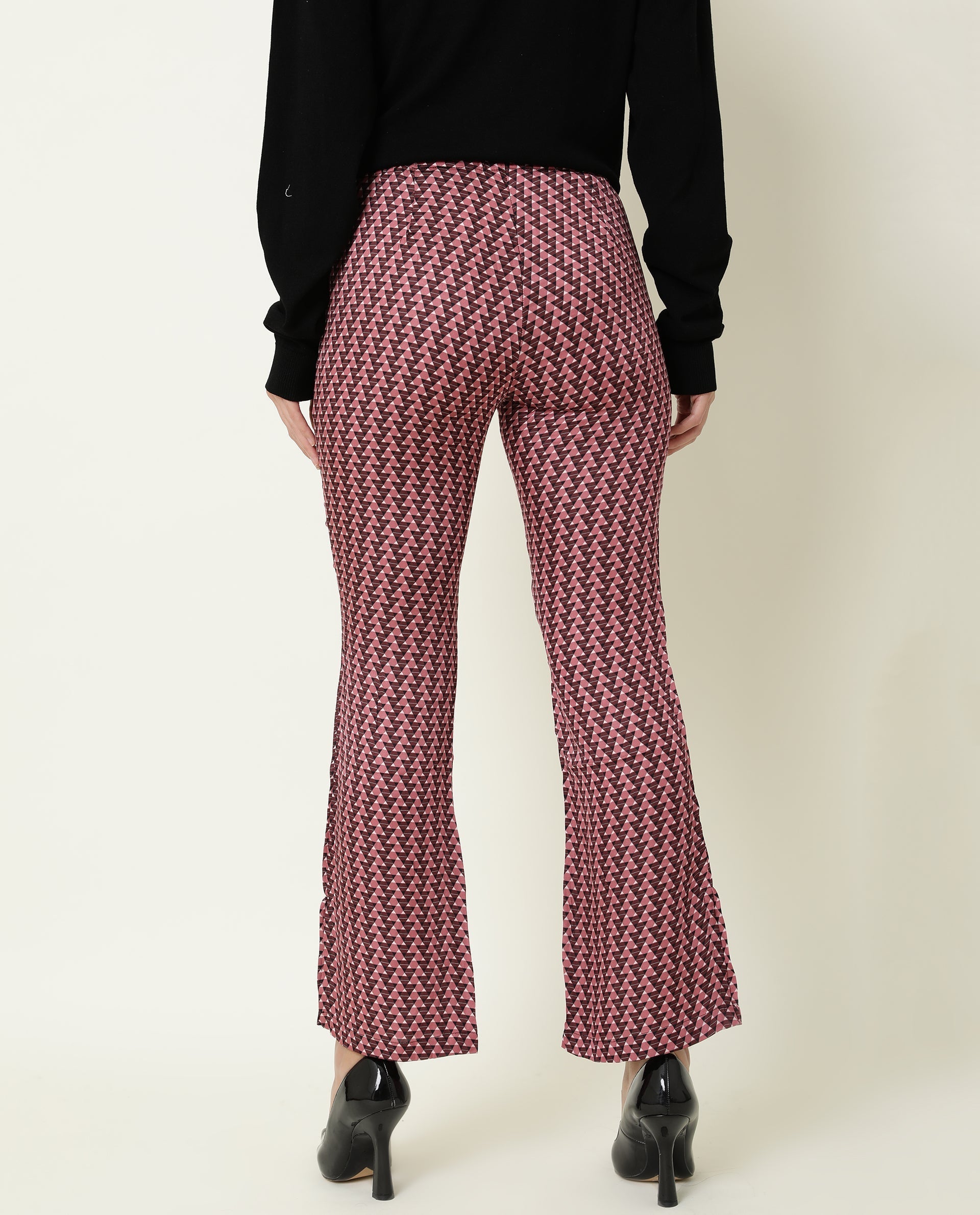 Rareism Women's Amilia Beige Viscose Geometric Print Ankle Length Bootcut Trouser