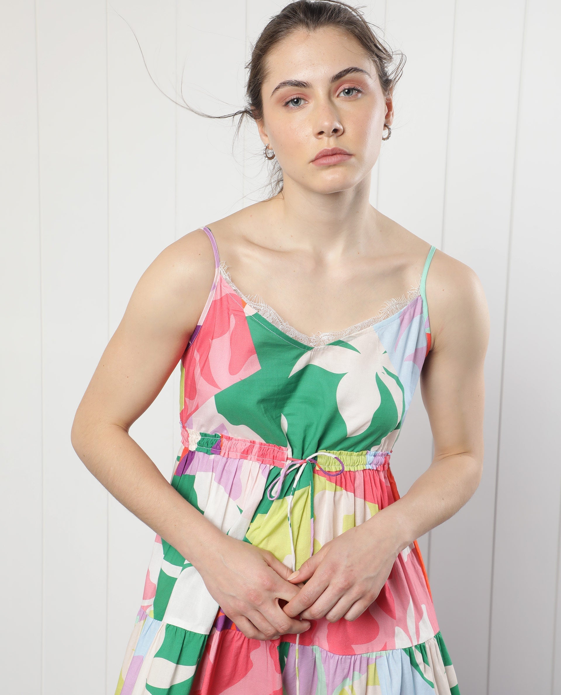 Rareism Women's Grace Multi Cotton V-Neck Floral Print Shoulder Strap Knee Length Regular Fit Dress
