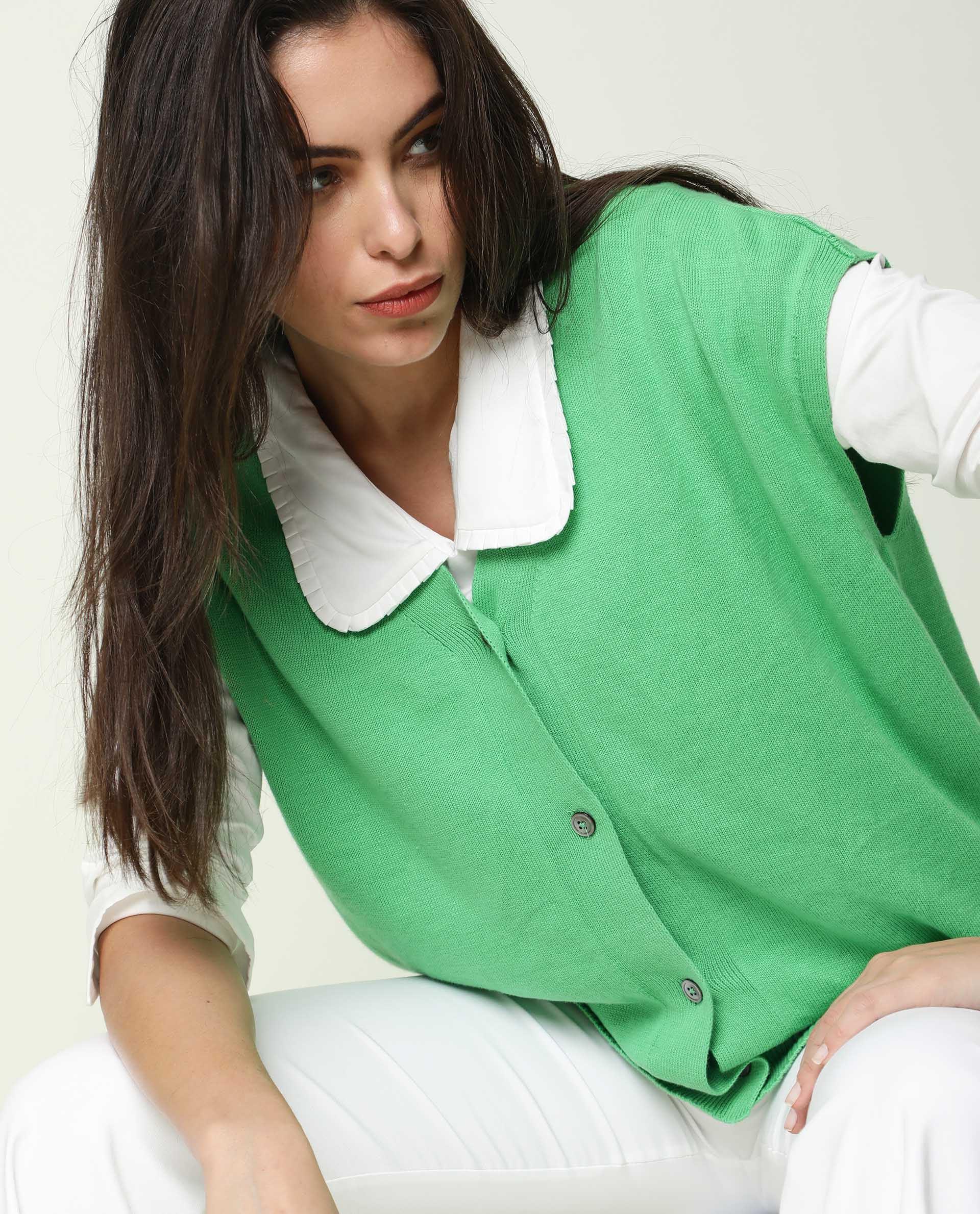 Rareism Women's Pave Green Cotton V-Neck Plain Extended Sleeves Regular Fit Sweater