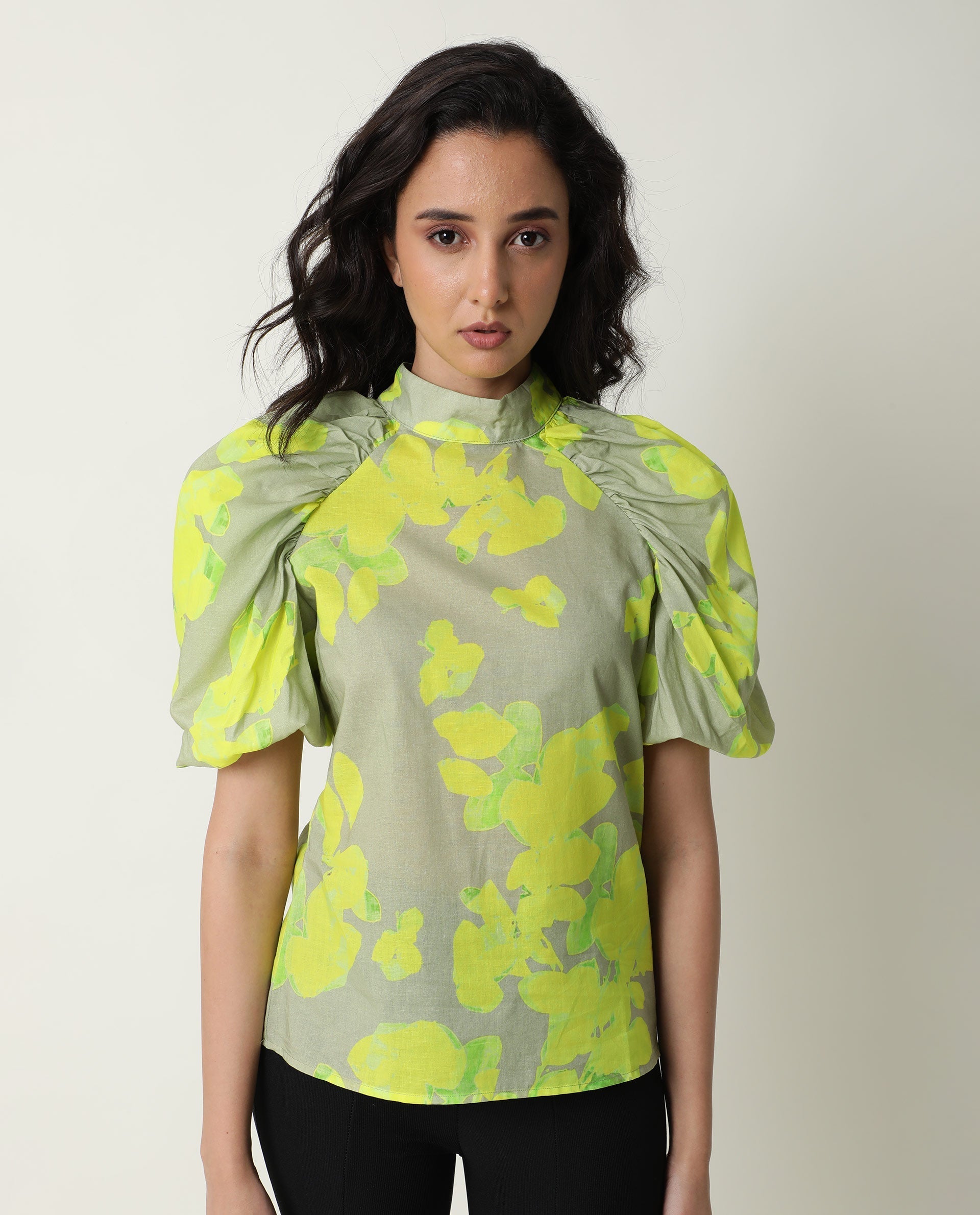 Rareism Women's Lagger Green Cotton High Neck Abstract Print Regular Fit Top