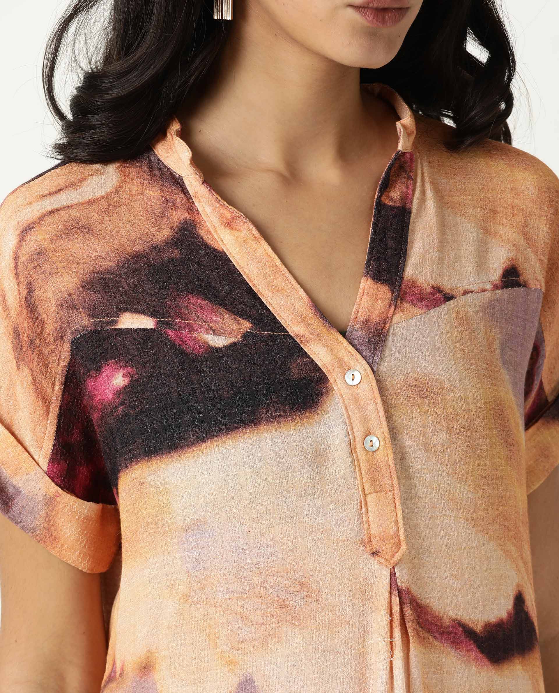 Rareism Womens Dante Orange Top Polyester Fabric Regular Fit No Sleeves Mandarin Neck