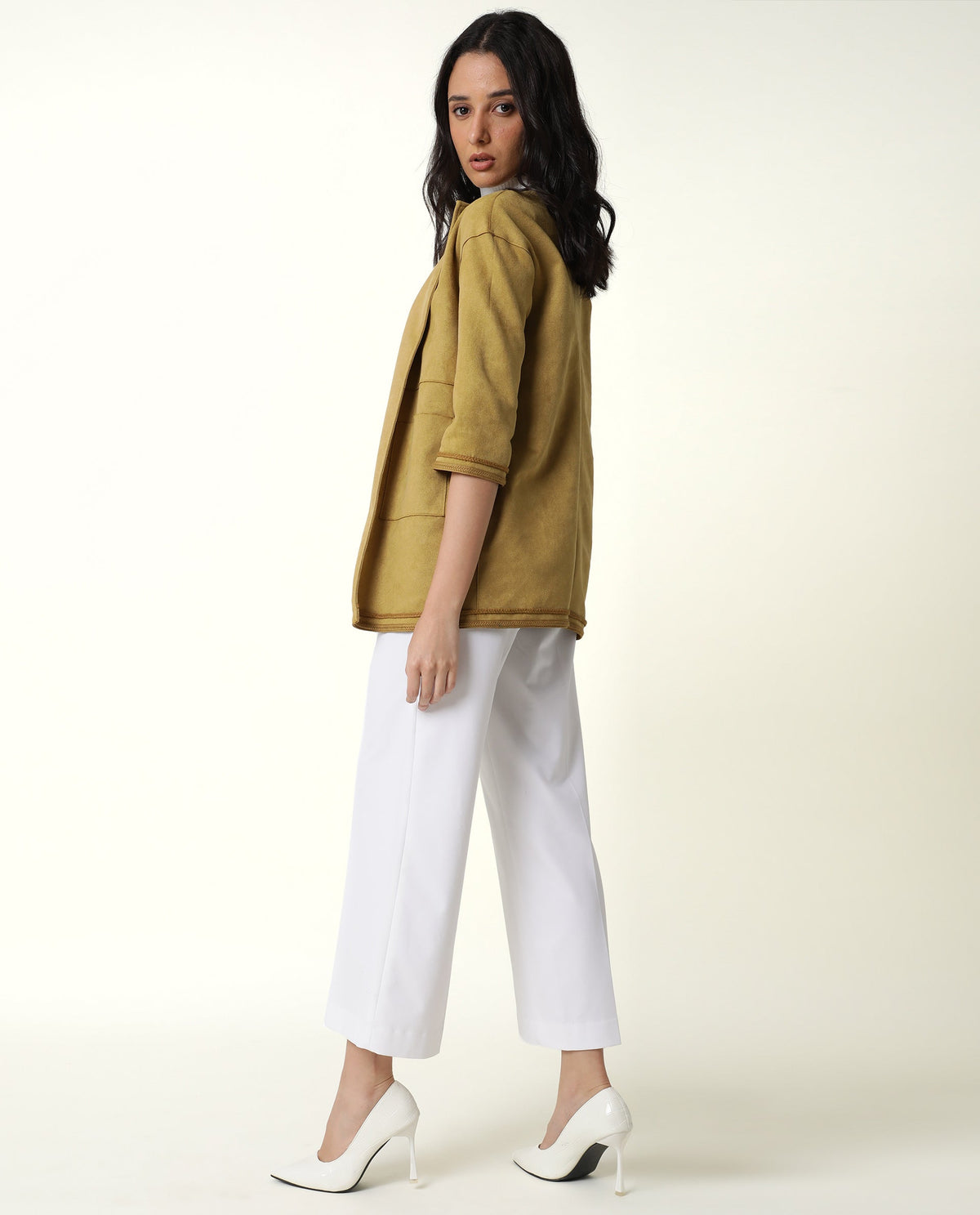 Rareism Women Square Dark Yellow Polyester Fabric 3/4Th Sleeves Solid Boat Neck Jacket