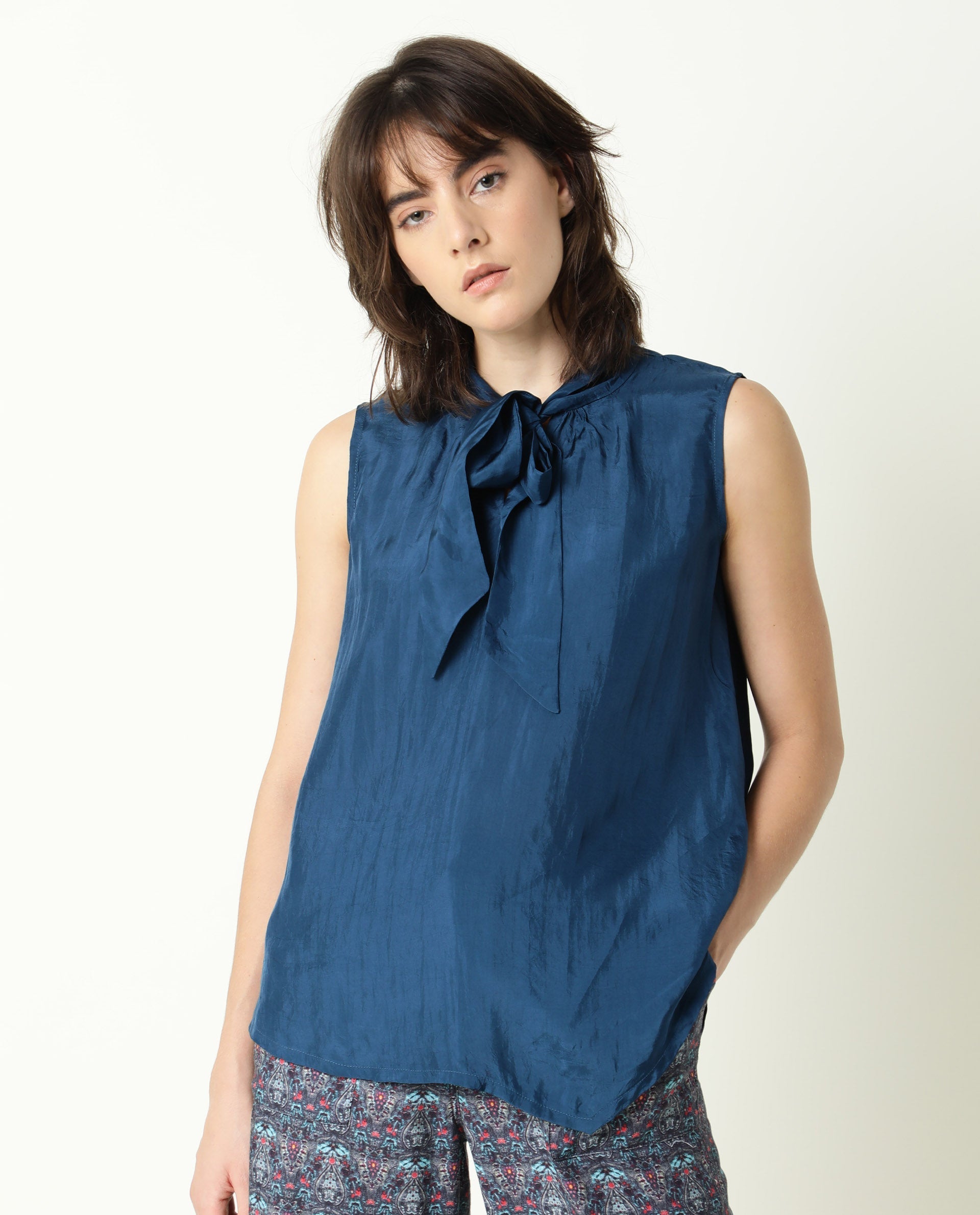 Rareism Womens Mac Petrol Top Viscose Fabric Sleeveless Tie Up