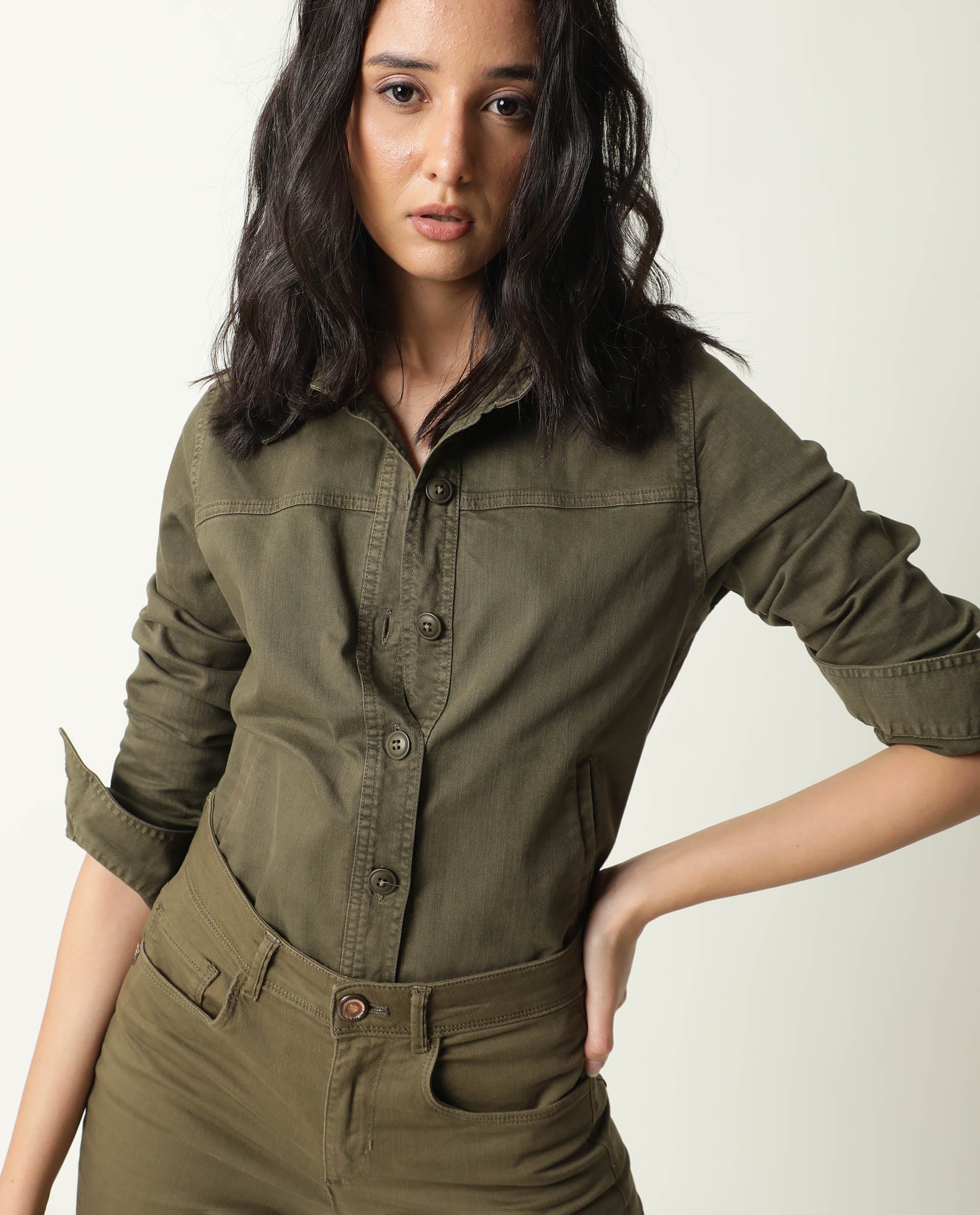 Rareism Women Mission Green Cotton Lycra Fabric Full Sleeves Solid Shirt Collar Jacket