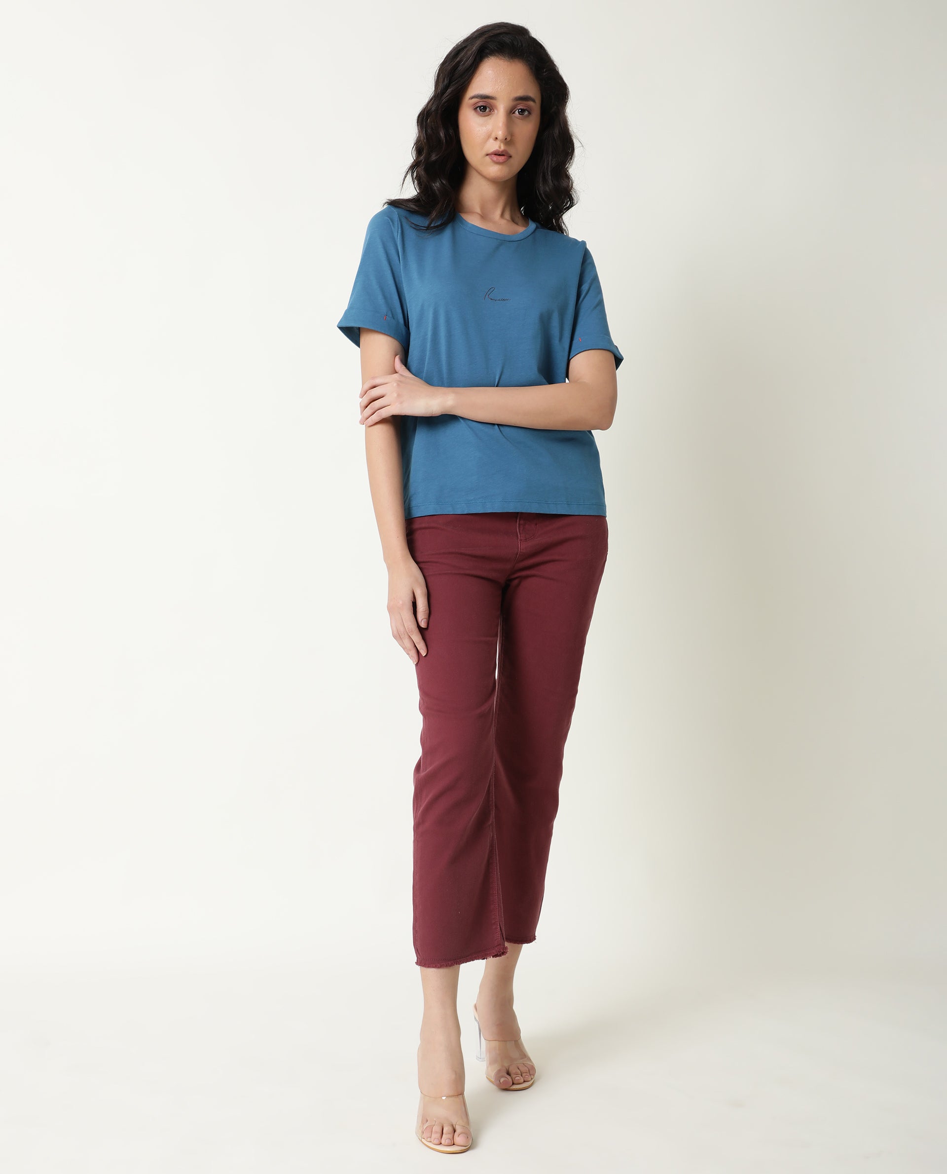 Rareism Women Nova Tee 2 Blue Cotton Fabric Regular Fit Half Sleeves Solid Round Neck T-Shirt