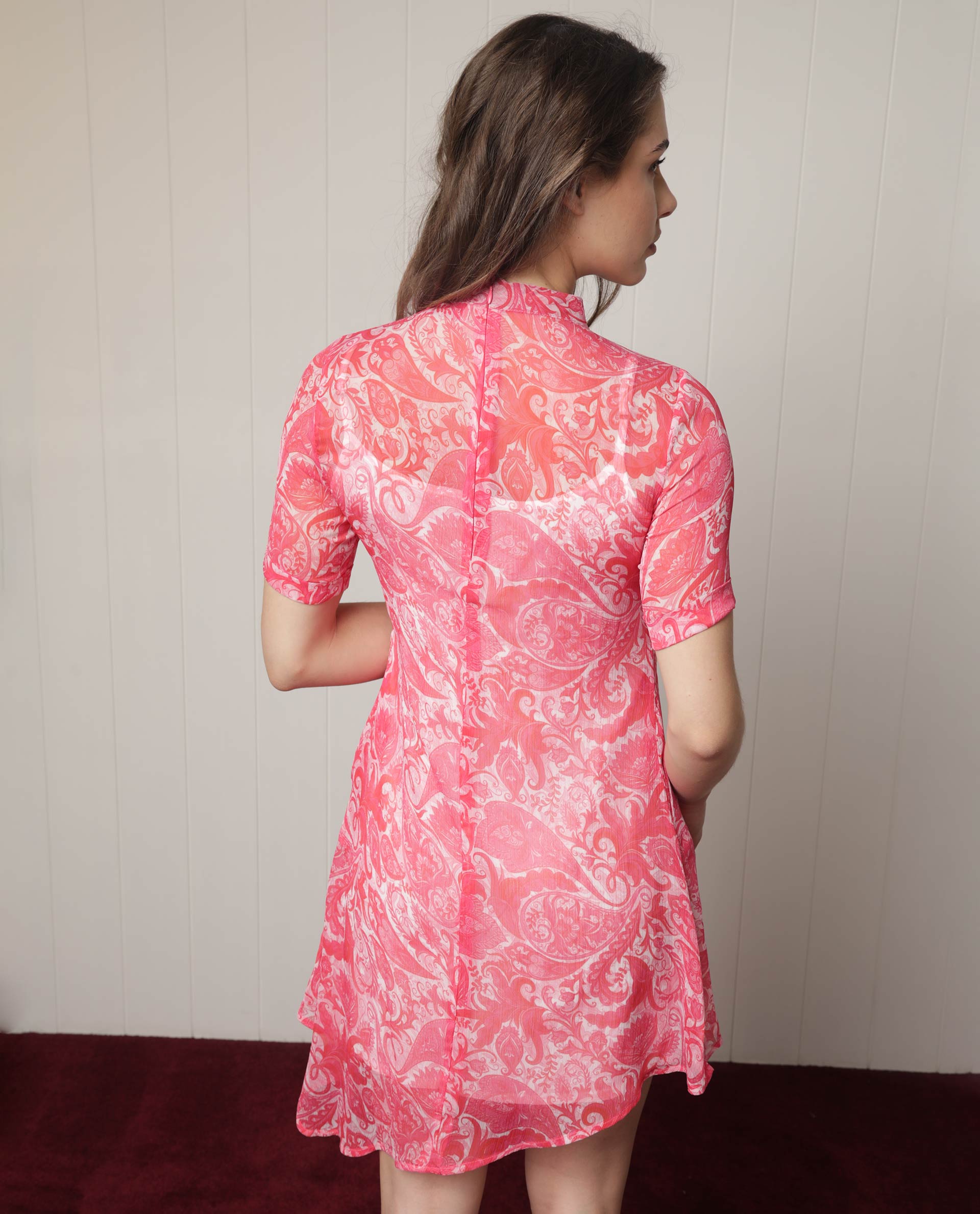 Rareism Women's Beryl Pink Polyester Fabric High Neck Zipper Closure Half Sleeve Paisley Print Knee Length Dress