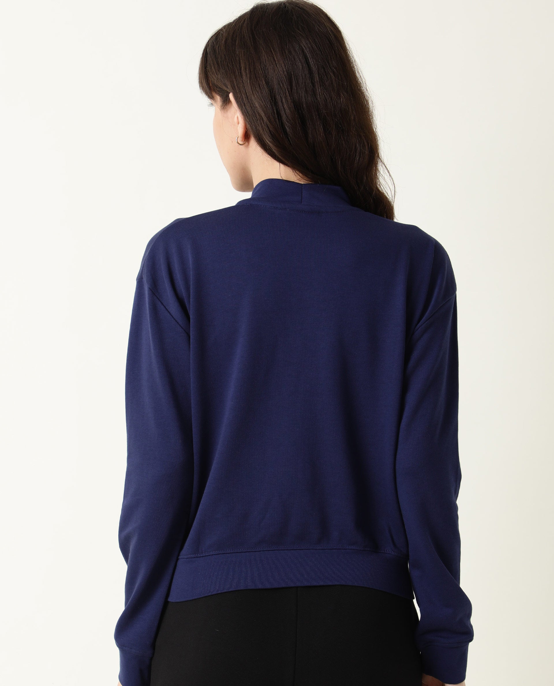 Rareism Women Necker Blue Relaxed Fit Full Sleeves Solid High Neck Sweatshirt