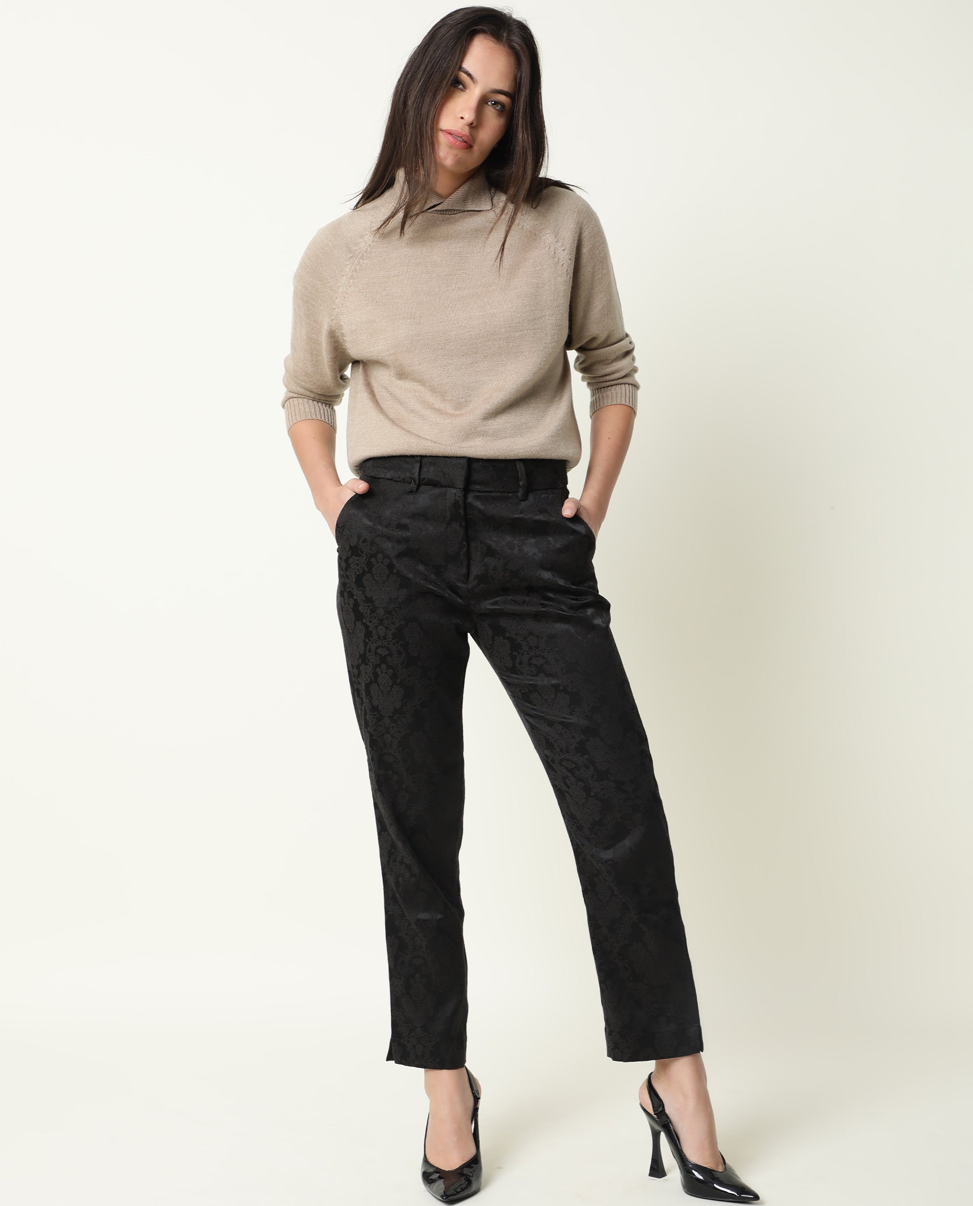 Rareism Women Polish Light Beige Acrylic Fabric Full Sleeves Knee Length Regular Fit Solid Shirt Collar Sweater