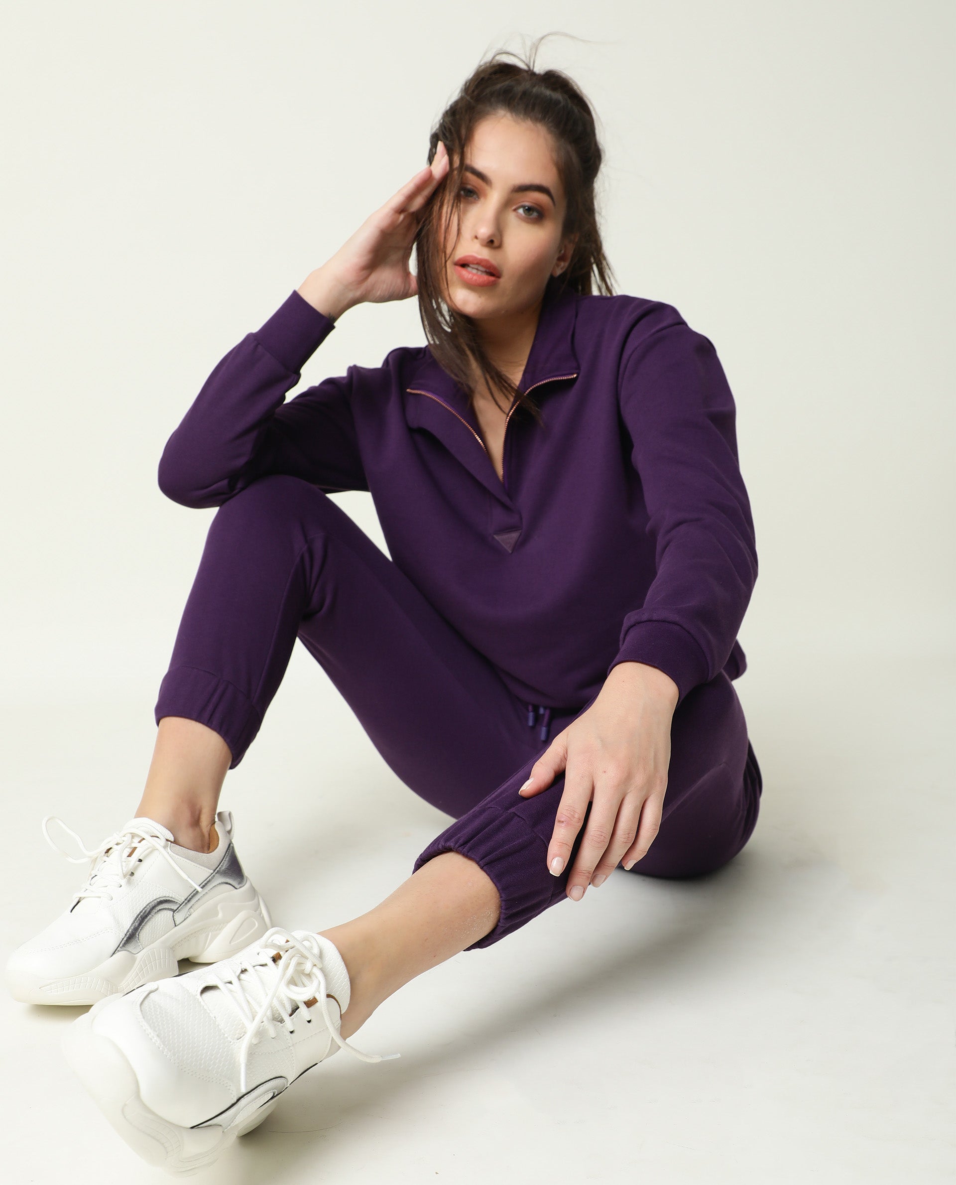 Rareism Women Aldrich Purple Poly Cotton Fabric Regular Fit Full Sleeves Solid High Neck Sweatshirt