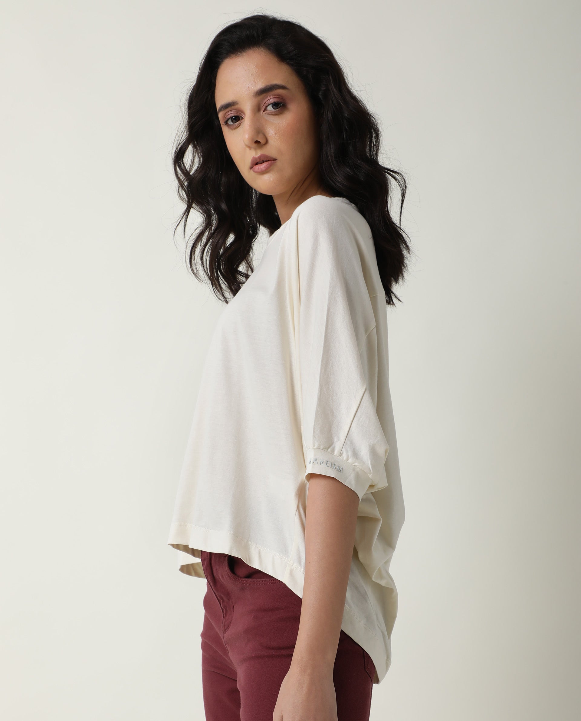 Rareism Women's Osmo Offwhite Cotton Crew Neck Plain Relaxed Fit Top