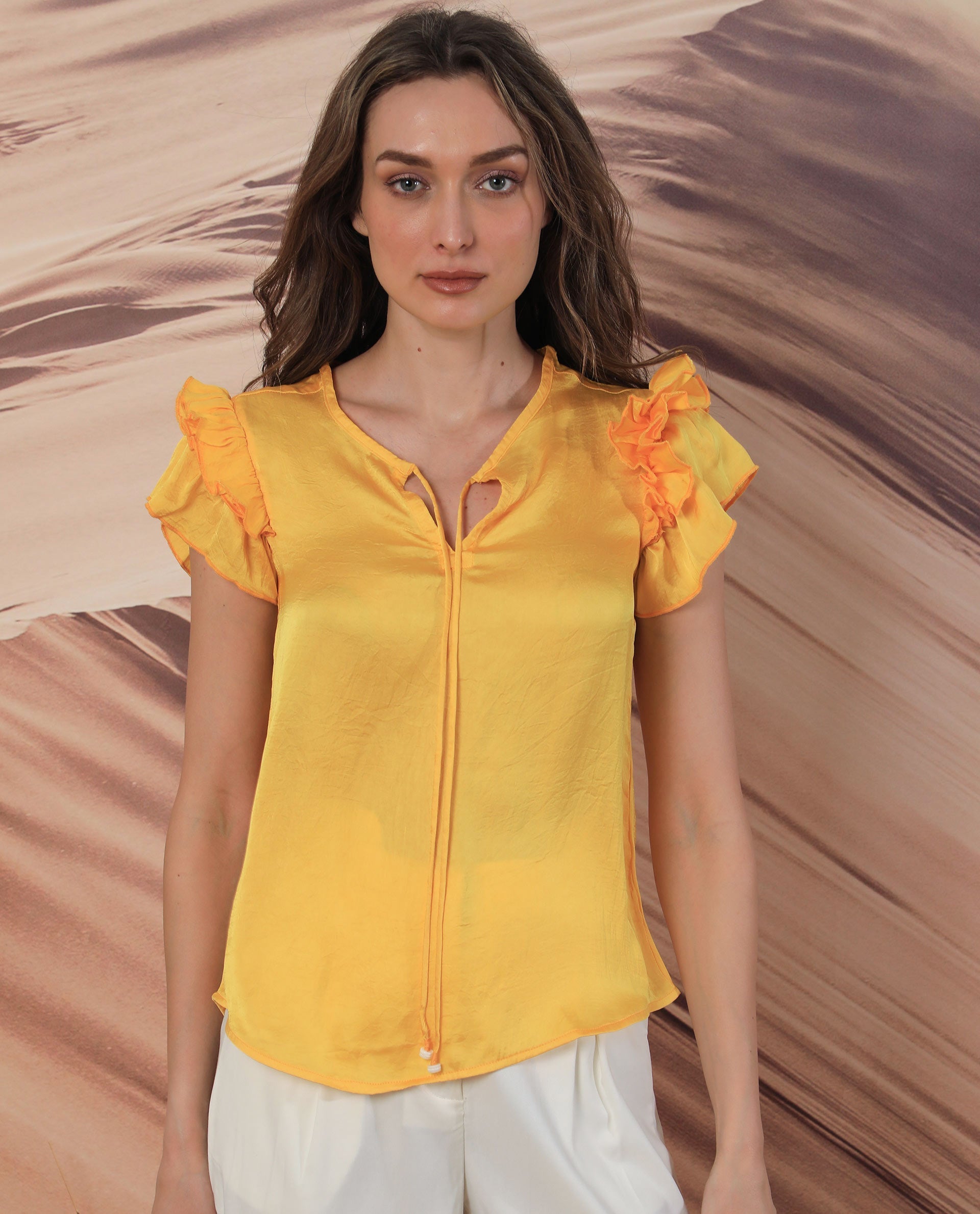 Rareism Women Skye Yellow Top Polyester Fabric Sleeveless Solid Print