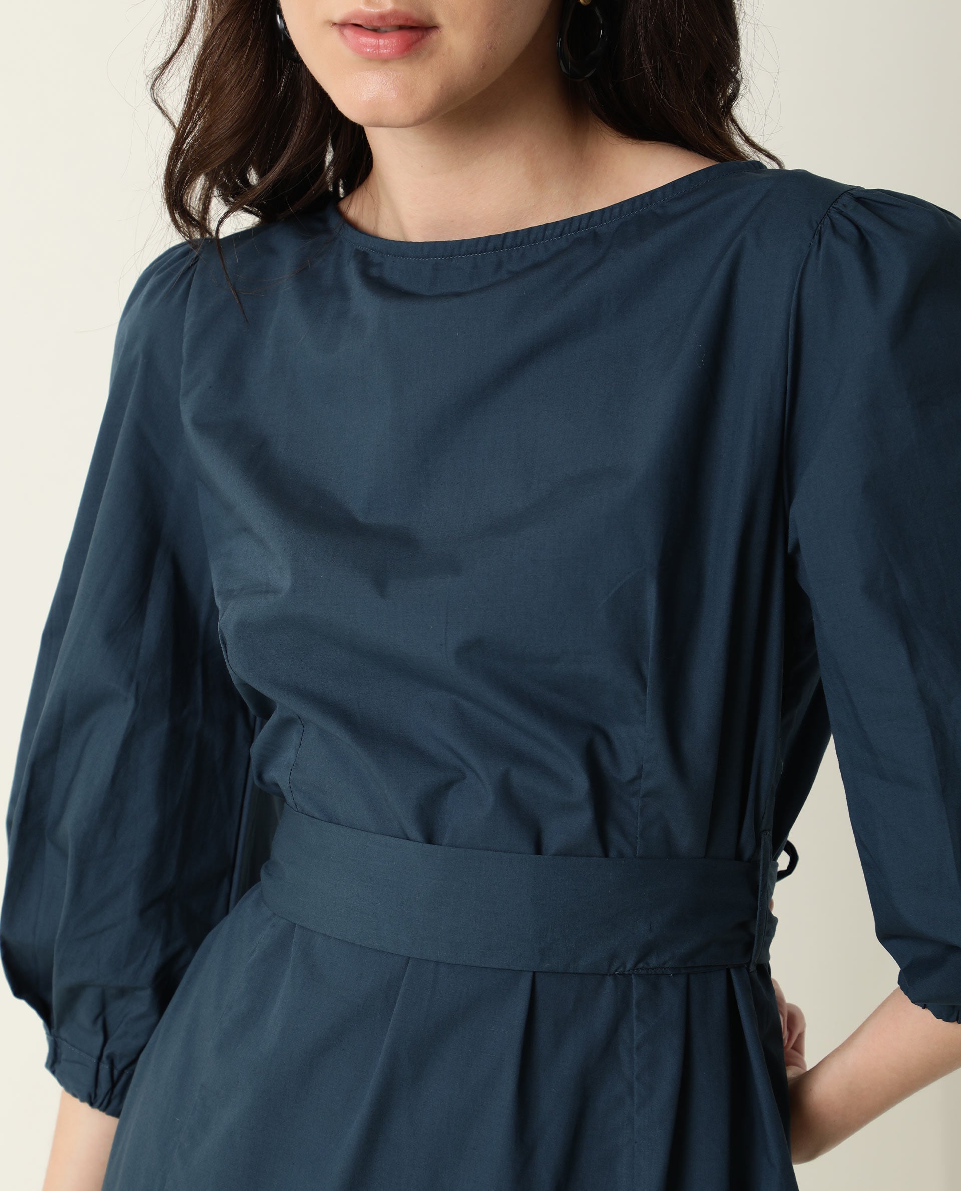 Rareism Womens Peas Petrol Dress Cotton Fabric Regular Fit Puff Sleeves Round Neck