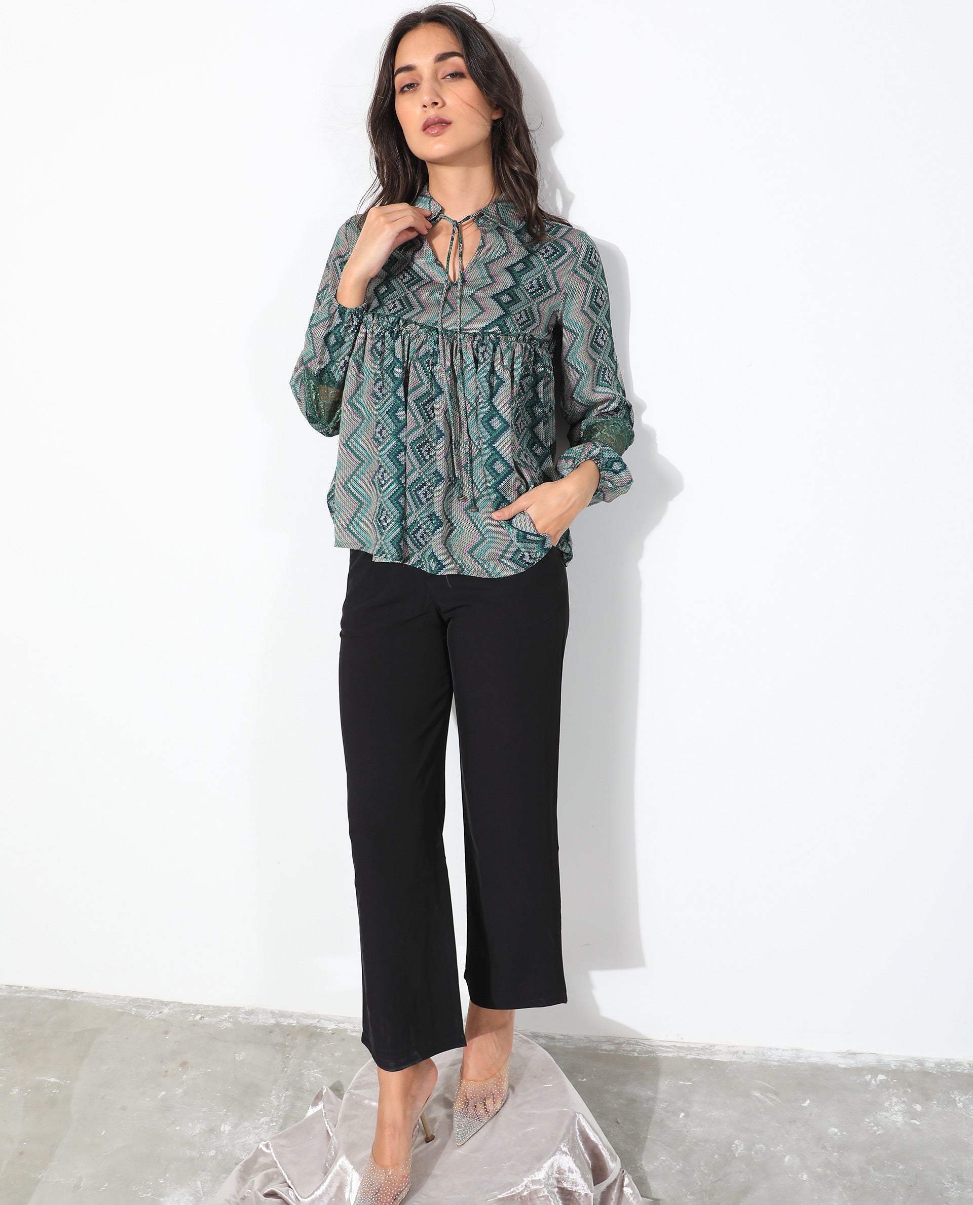 Rareism Women's Cataline Olive Polyester Tie-Up Neck Geometric Print Regular Fit Top