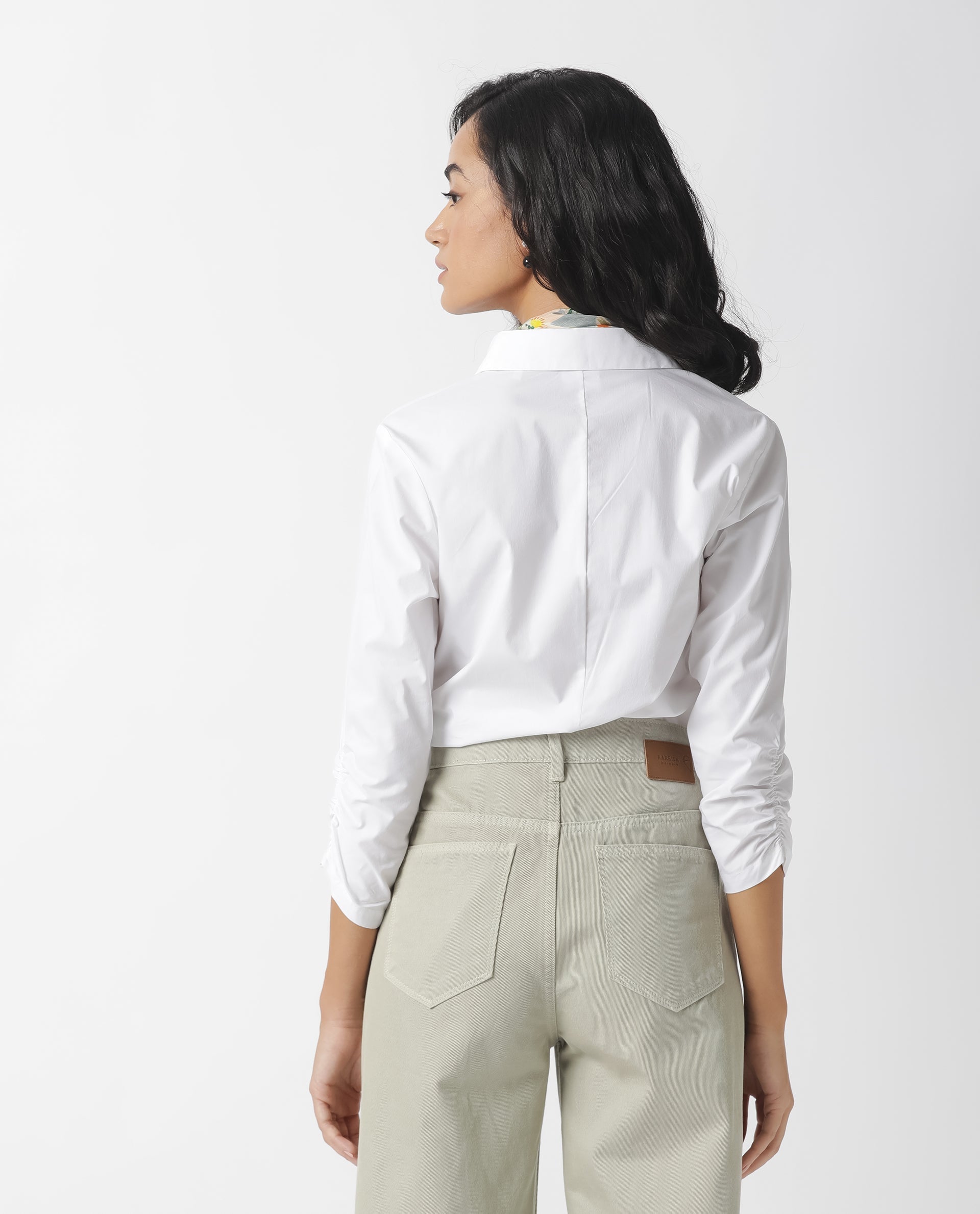 Rareism Women Cuddle White Cotton Lycra Fabric Regular Fit Shirt Collar 3/4Th Sleeves Solid Top