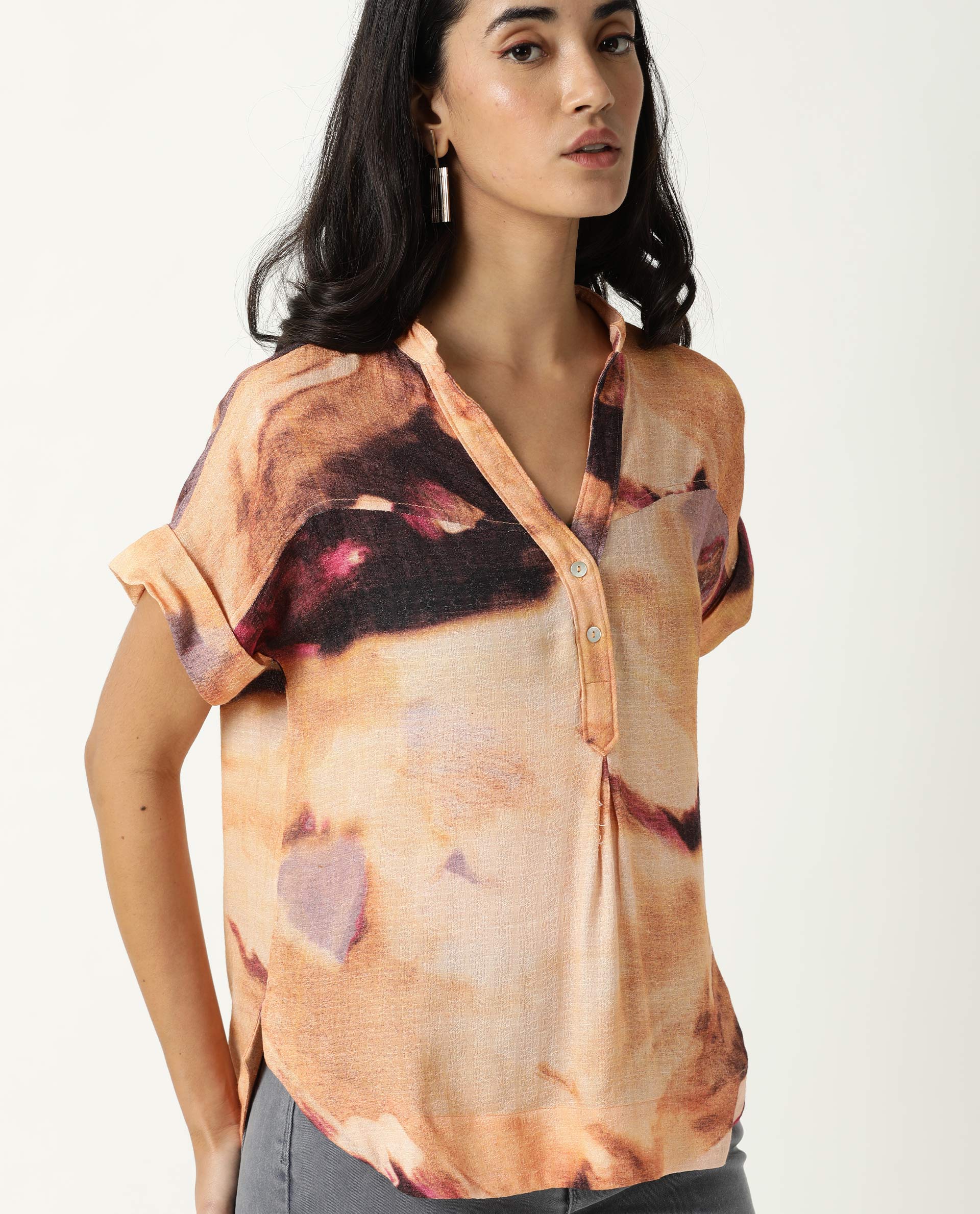 Rareism Womens Dante Orange Top Polyester Fabric Regular Fit No Sleeves Mandarin Neck