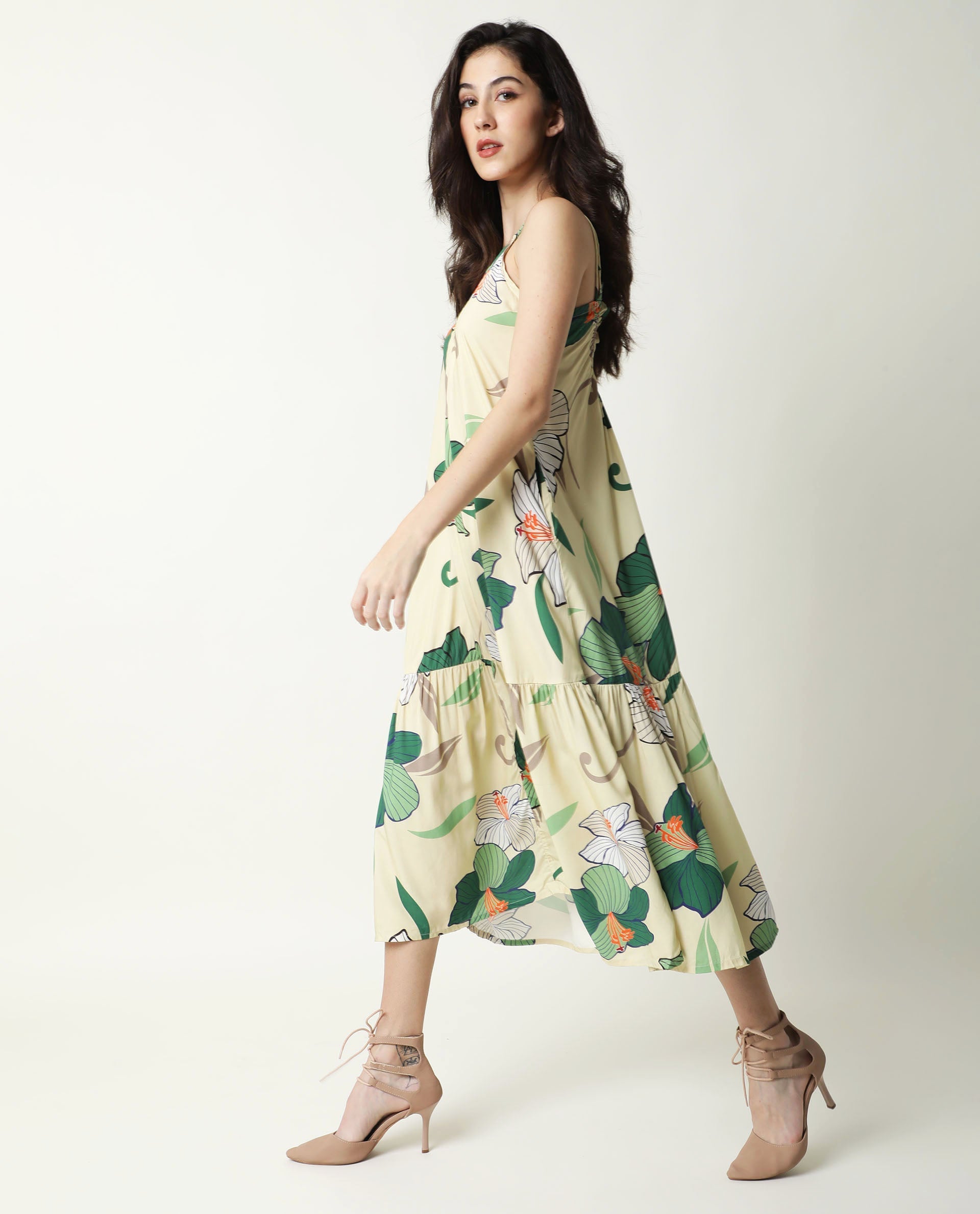 Rareism Women's Etana Offwhite Viscose V-Neck Floral Print Shoulder Strap Knee Length Regular Fit Dress