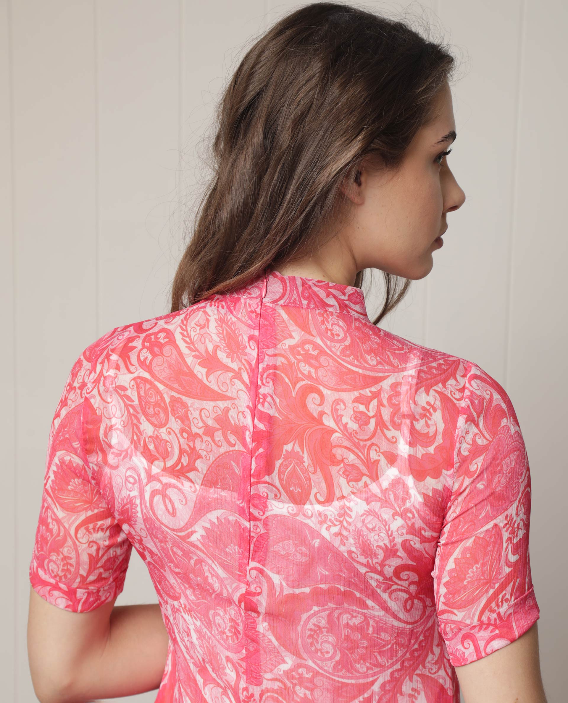 Rareism Women's Beryl Pink Polyester Fabric High Neck Zipper Closure Half Sleeve Paisley Print Knee Length Dress