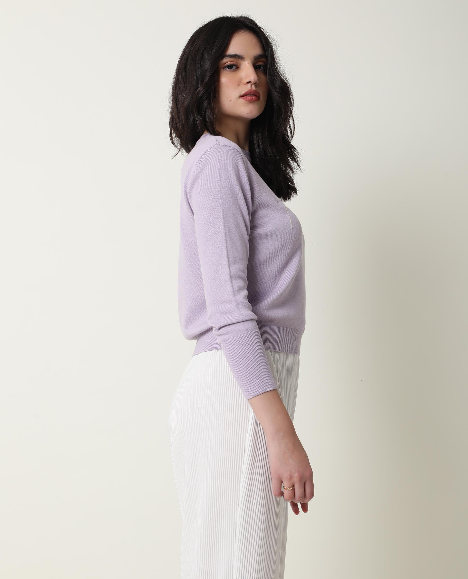 Rareism Women Plusho Light Purple Cotton Fabric Full Sleeves Regular Fit Embroidered Round Neck Sweater