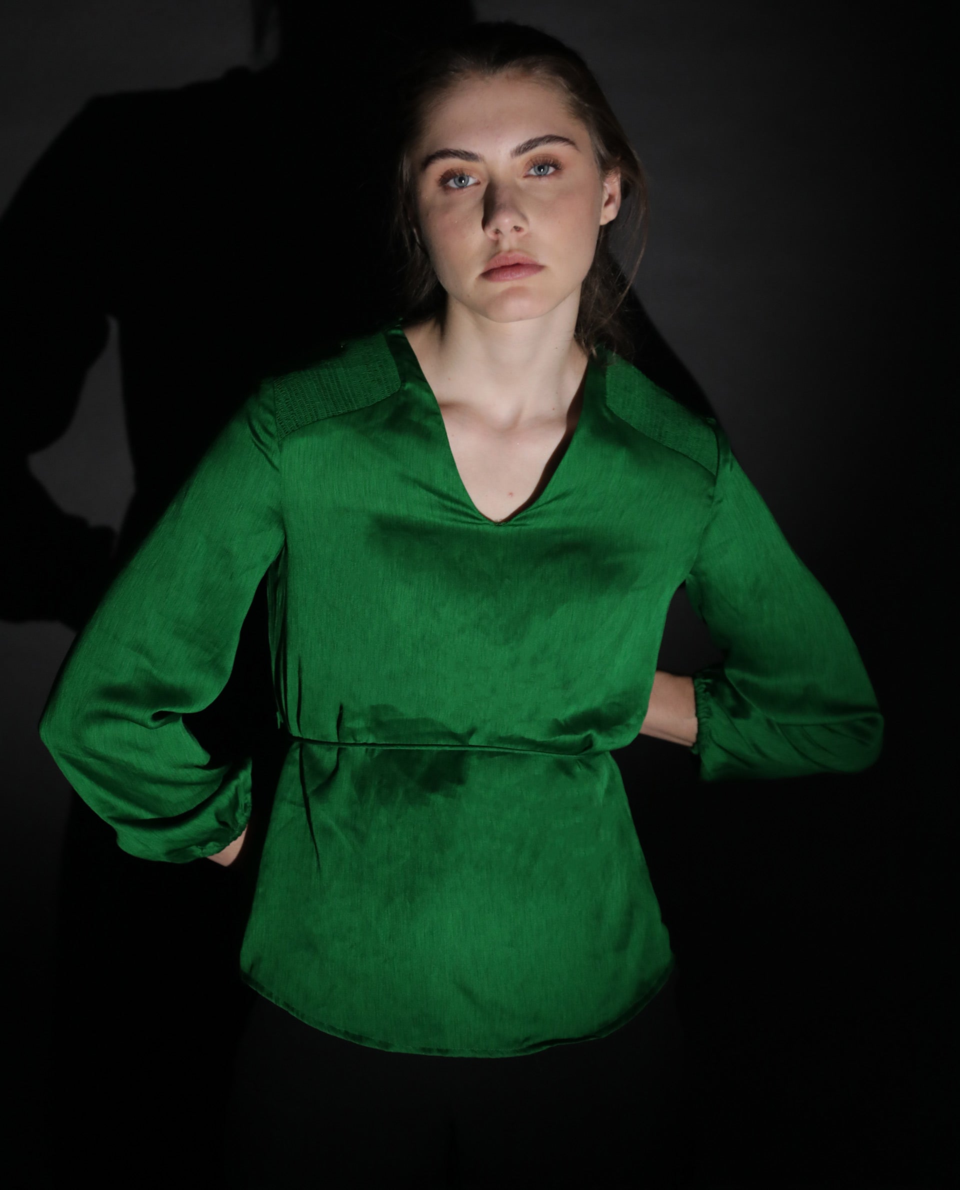 Rareism Womens Dronite Green Top Polyester Fabric Full Sleeve V Neck