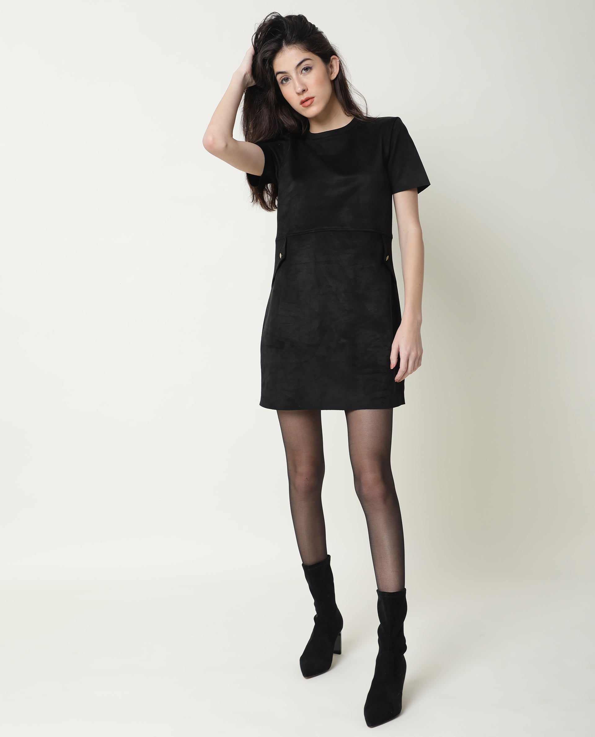 Rareism Women's Sions Black Crew Neck Plain Knee Length Tailored Dress