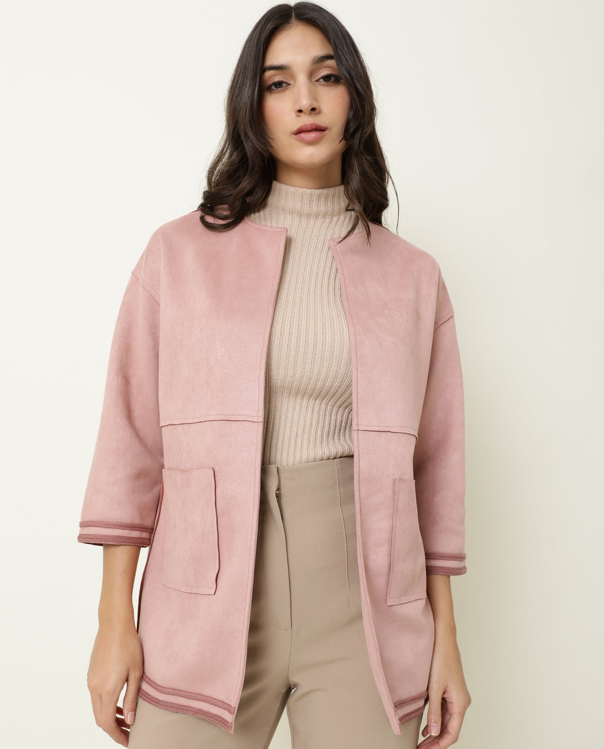 Rareism Women Square Dark Pink Polyester Fabric 3/4Th Sleeves Solid Boat Neck Jacket