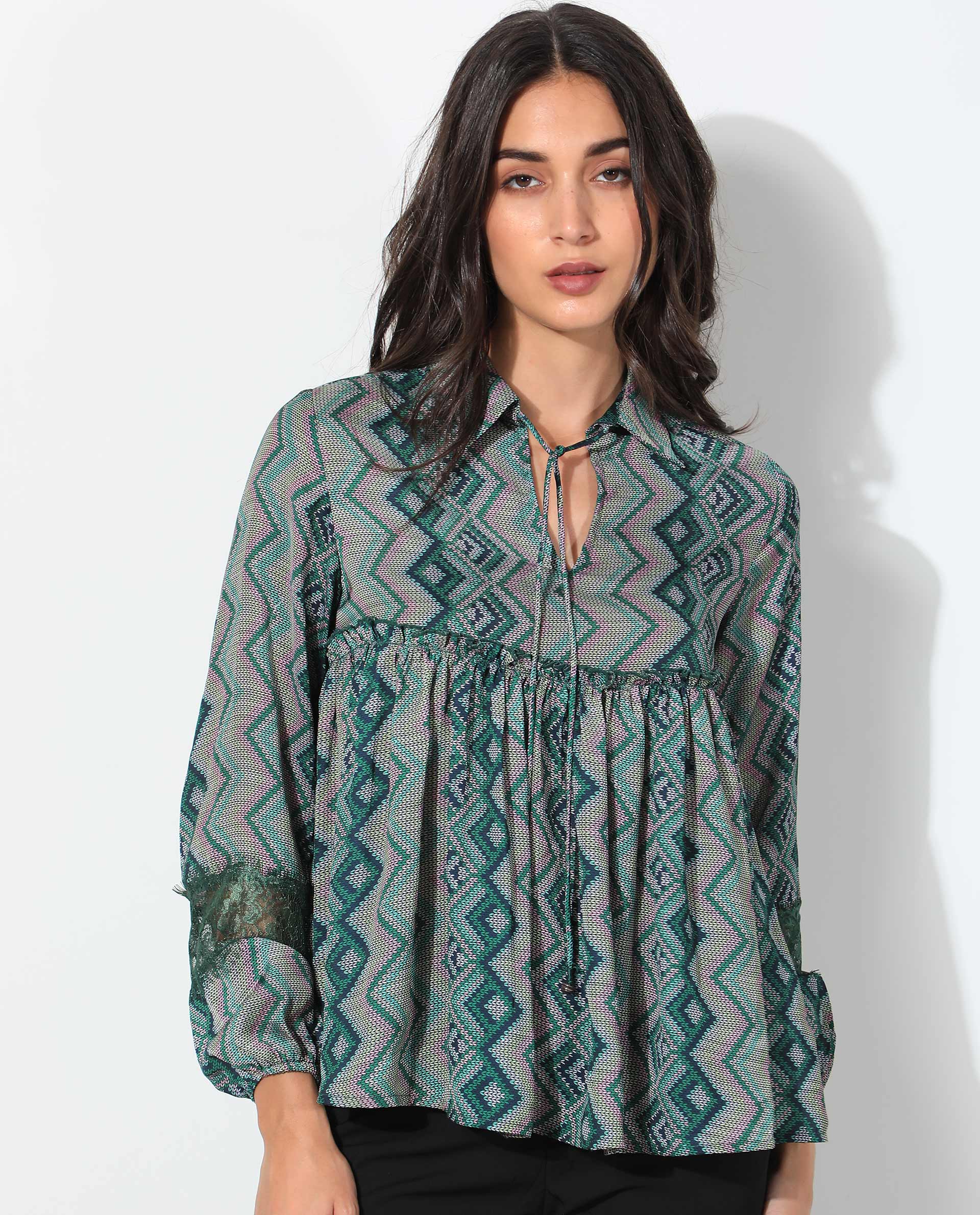 Rareism Women's Cataline Olive Polyester Tie-Up Neck Geometric Print Regular Fit Top