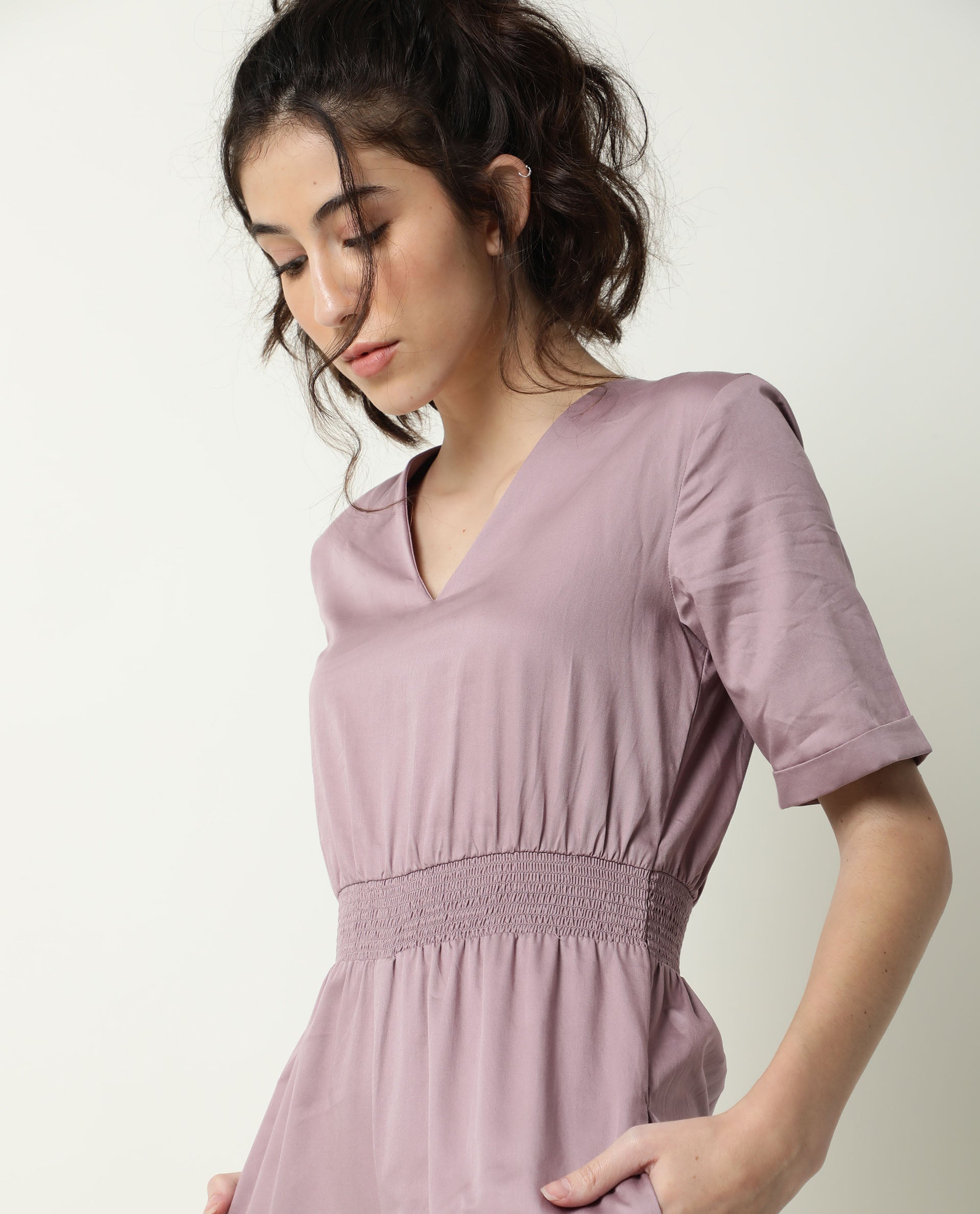 Rareism Women Husky Dusky Pink Cotton Satin Fabric Regular Fit Ankle Length Solid Jumpsuit