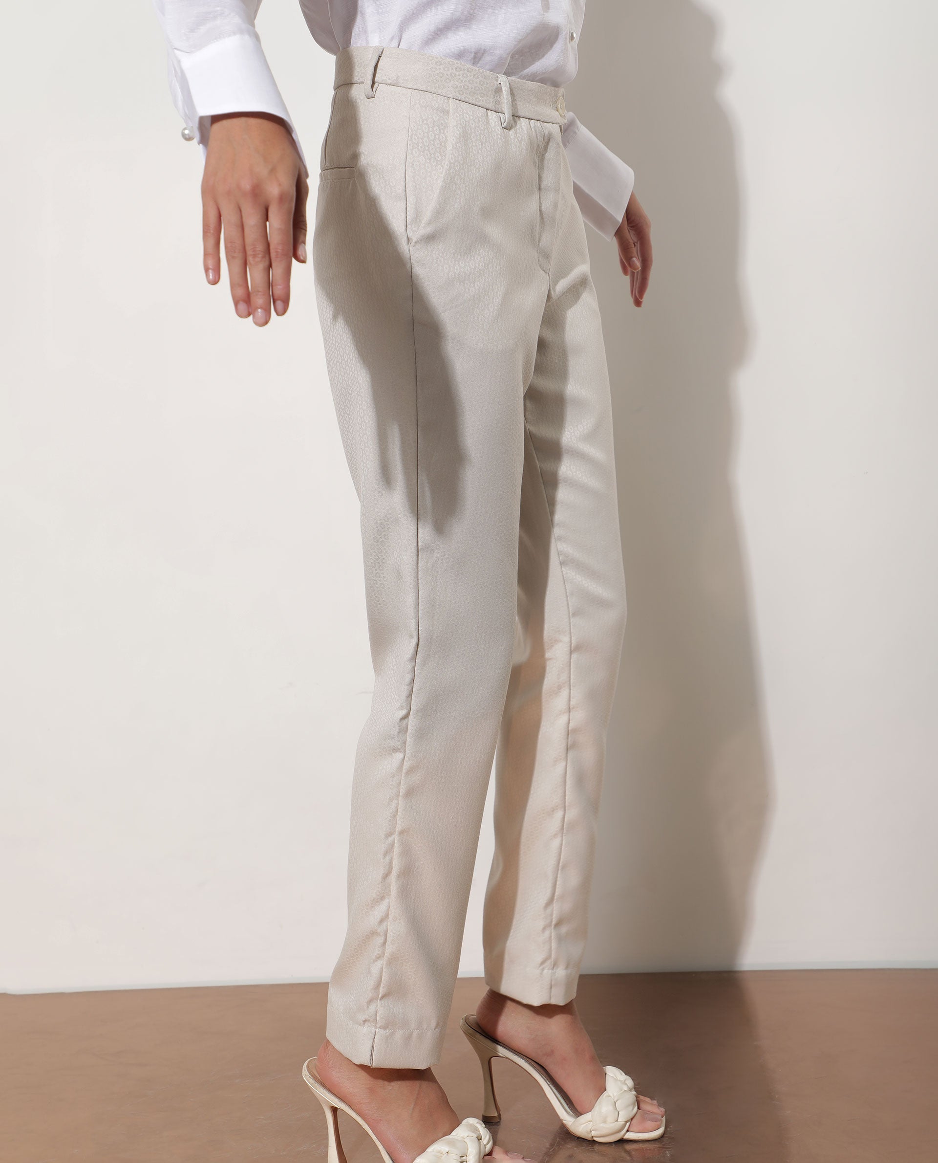 Rareism Women's Maeve Beige Polyester Blend Plain Ankle Length Tailored Trouser