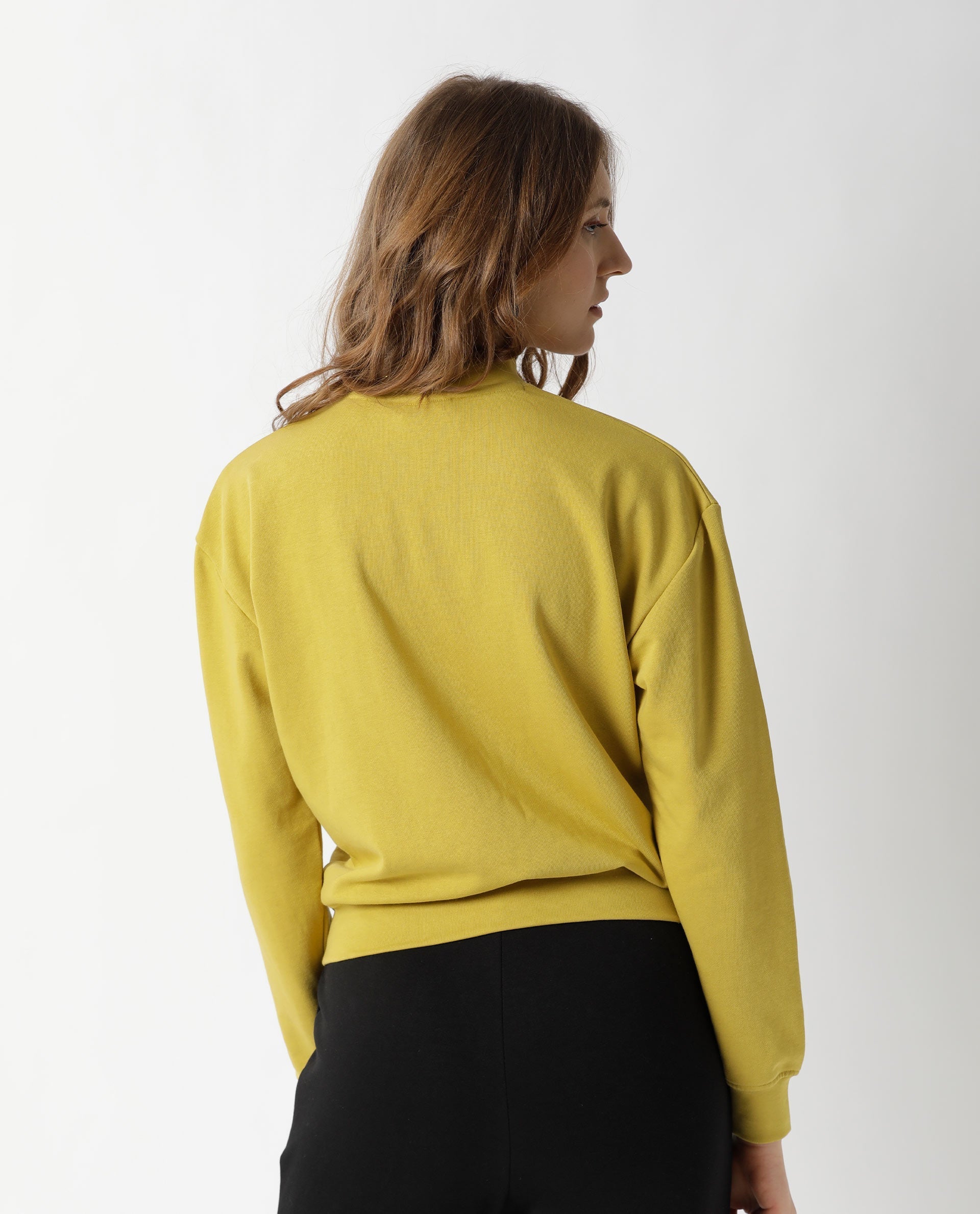 Rareism Women's Hectare Yellow Cotton Blend High Neck Plain Relaxed Fit Sweatshirt